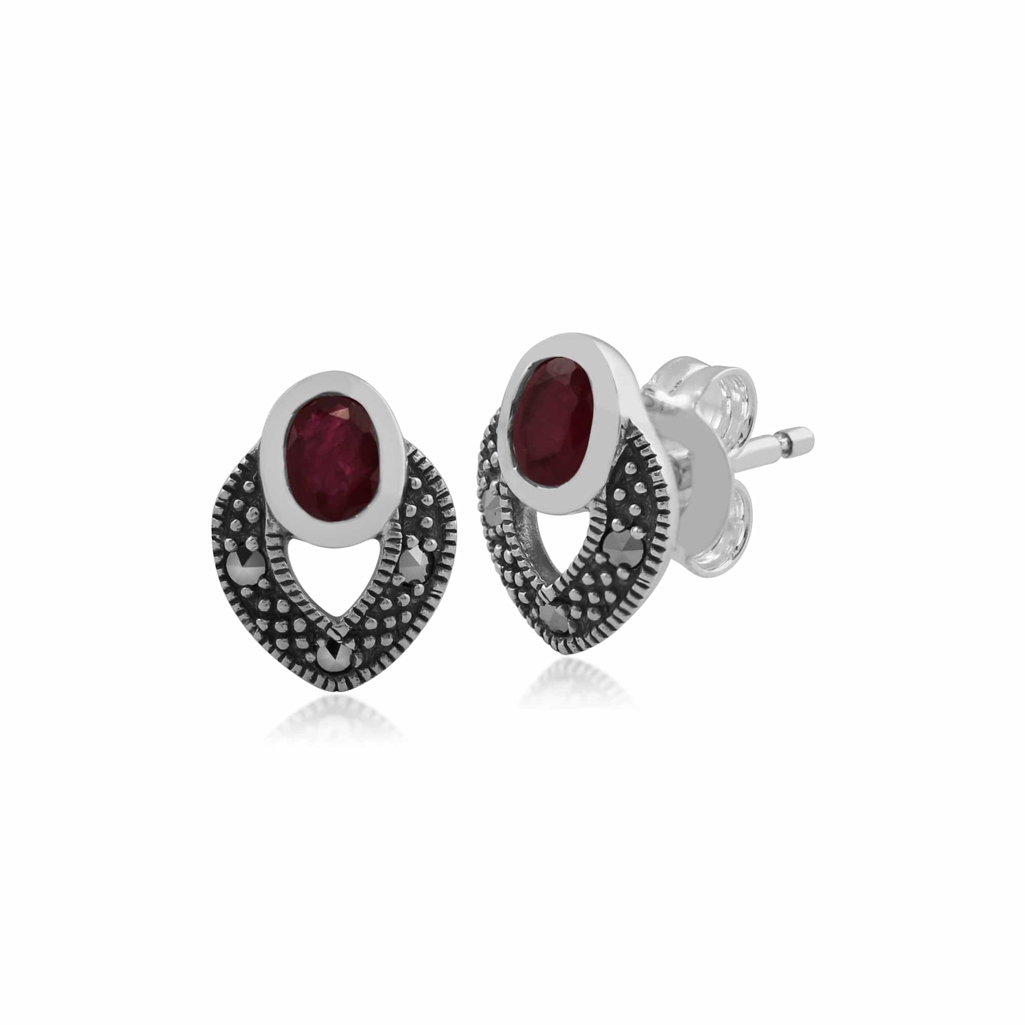 Art Deco Style Oval Ruby & Marcasite Stud Earrings in 925 Sterling Silver - Gemondo