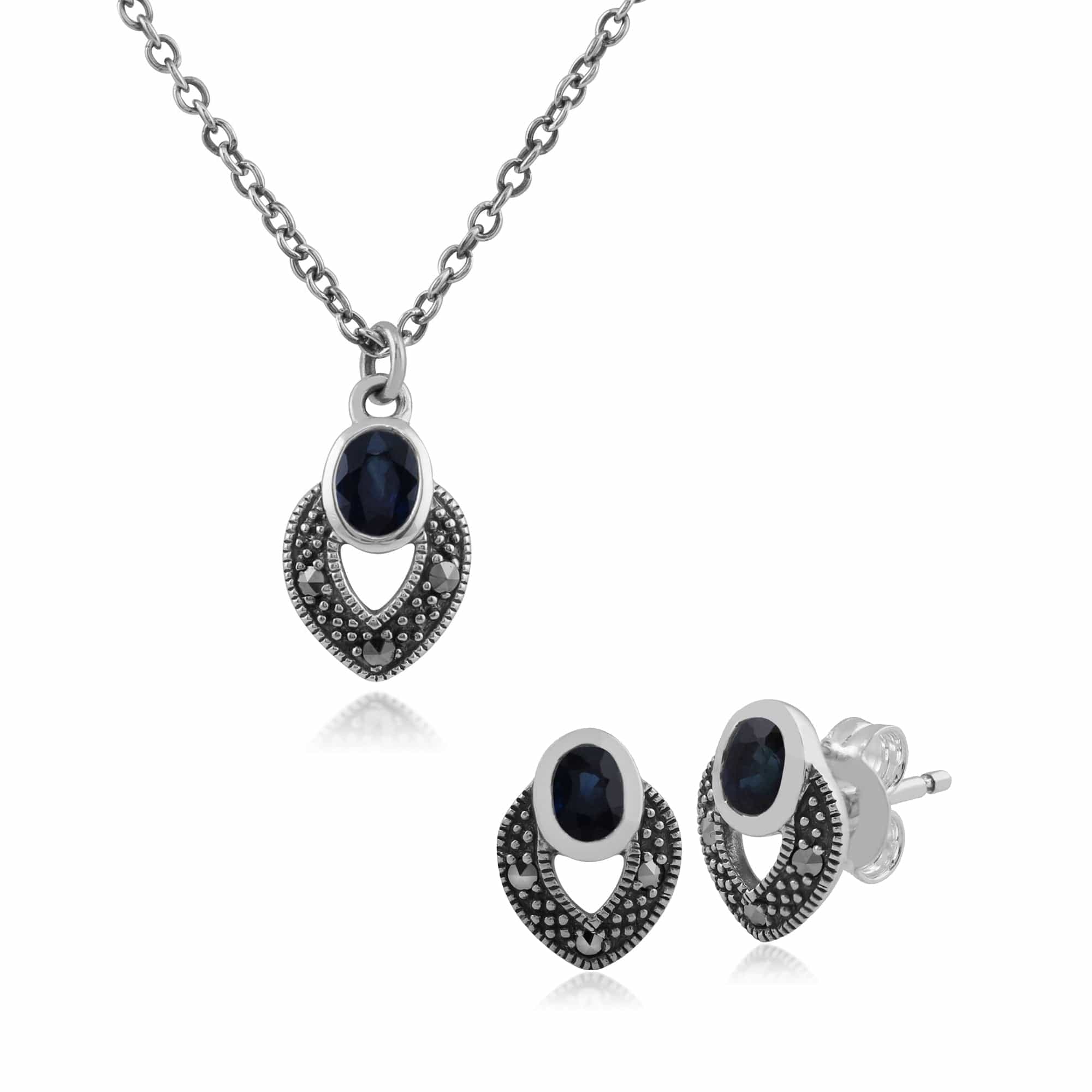 Art Deco Style Oval Sapphire & Marcasite Stud Earrings & Pendant Set in Sterling Silver - Gemondo