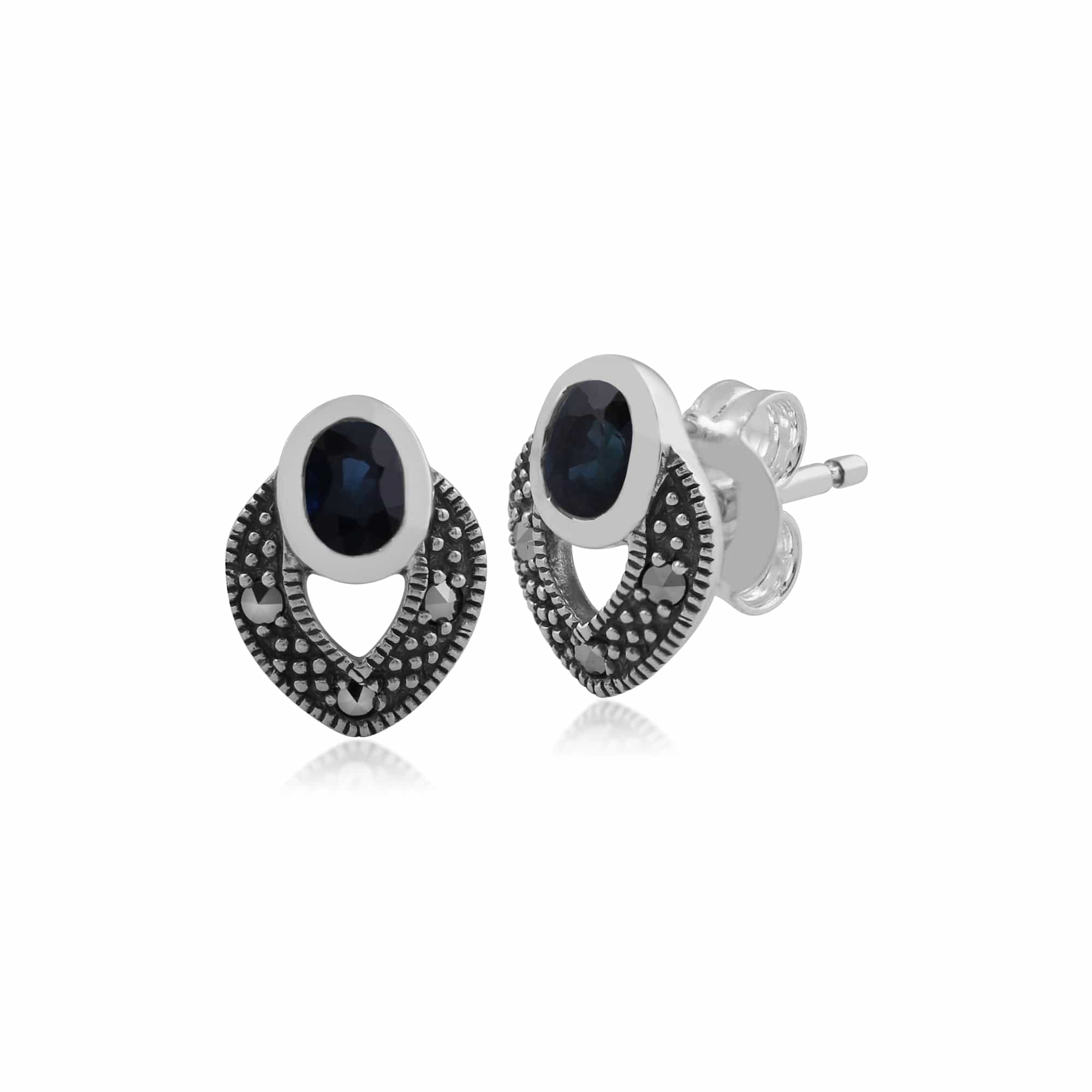 Art Deco Style Oval Sapphire & Marcasite Stud Earrings in 925 Sterling Silver