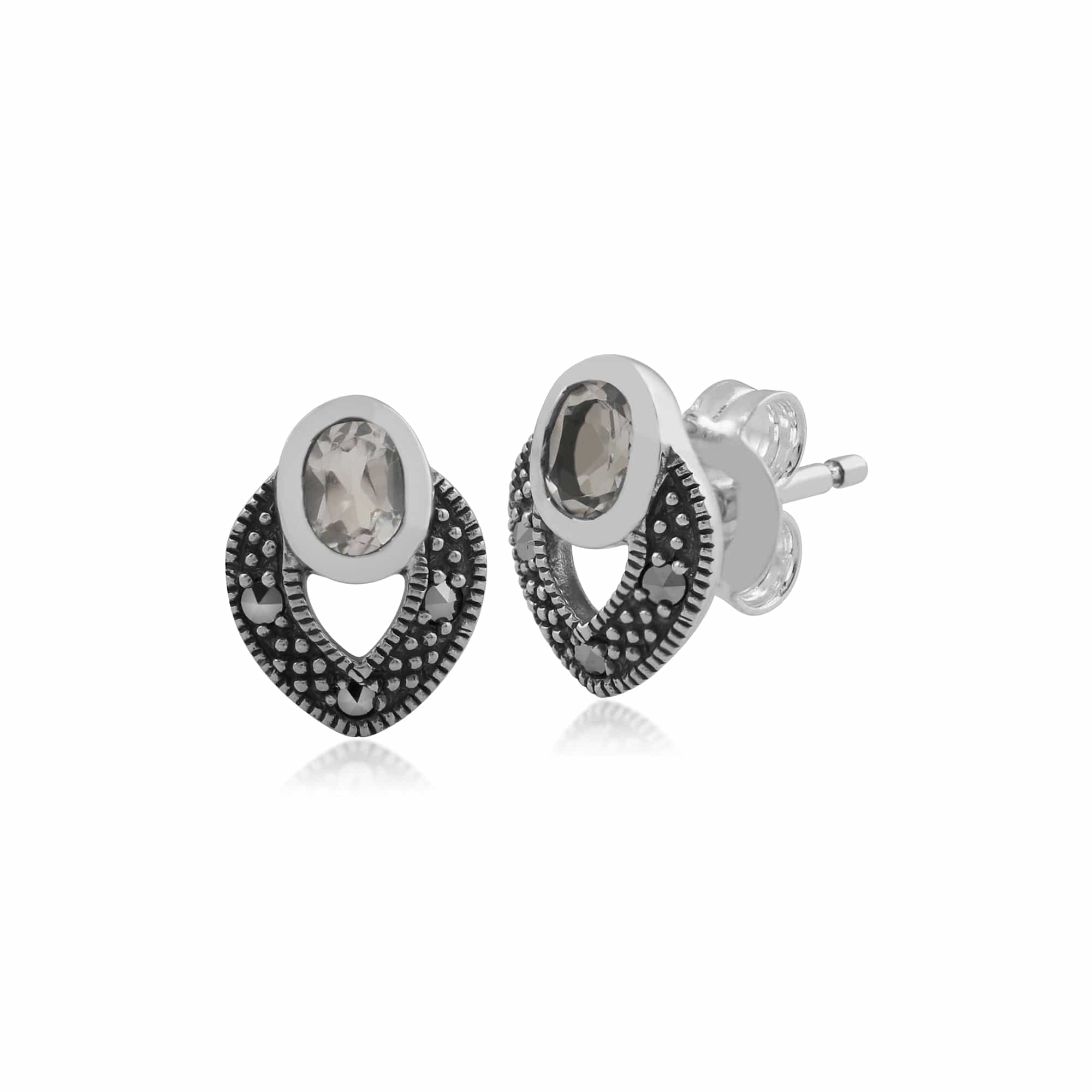 Gemondo Sterling Silver Art Deco Clear Topaz & Marcasite Stud Earrings Image
