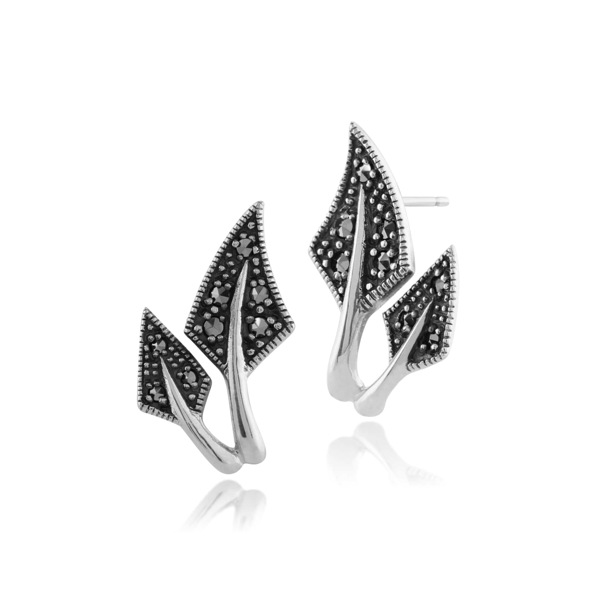 Art Nouveau Style Pear Marcasite Leaf Stud Earrings in 925 Sterling Silver - Gemondo
