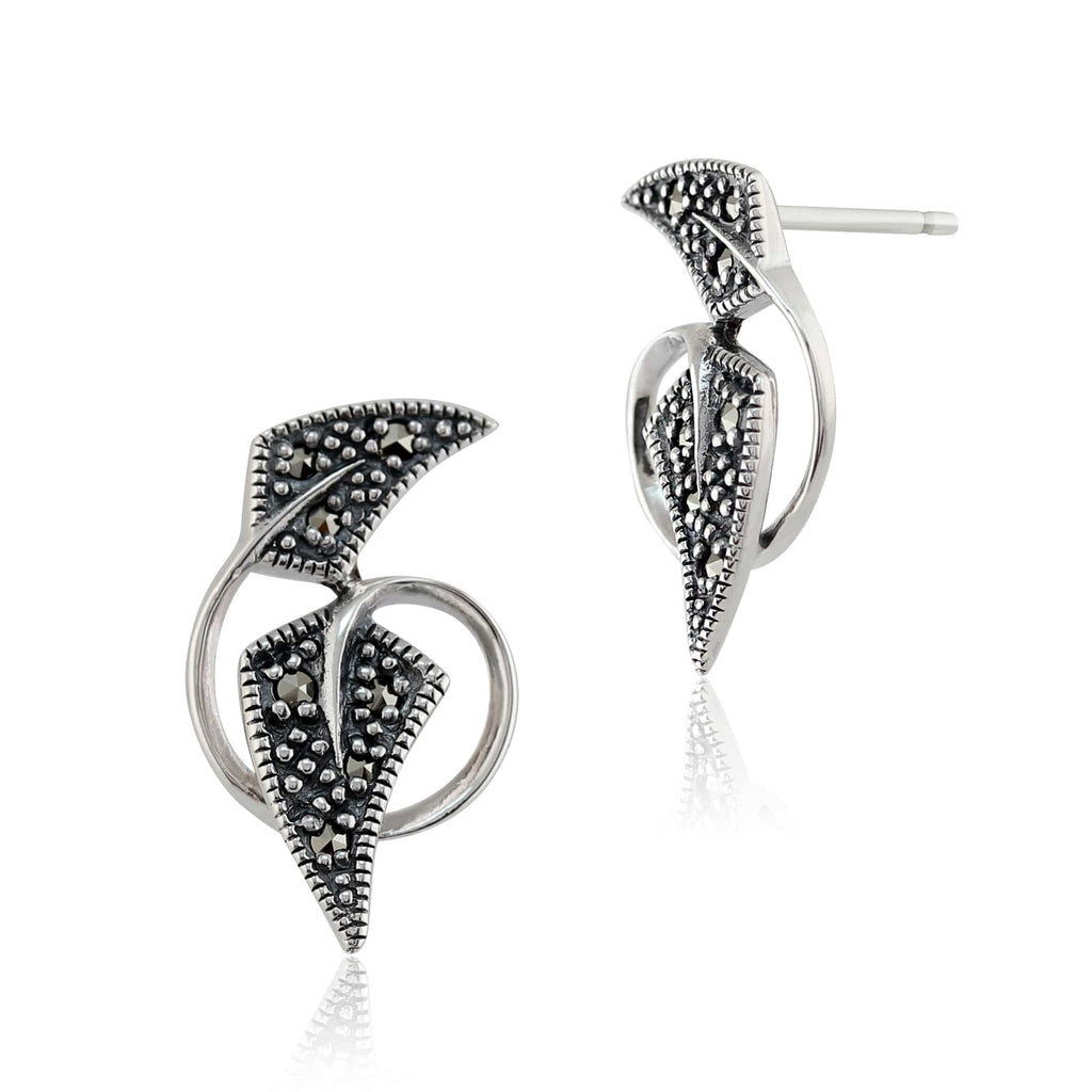 Art Nouveau Style Round Marcasite Stud Earrings 925 Sterling