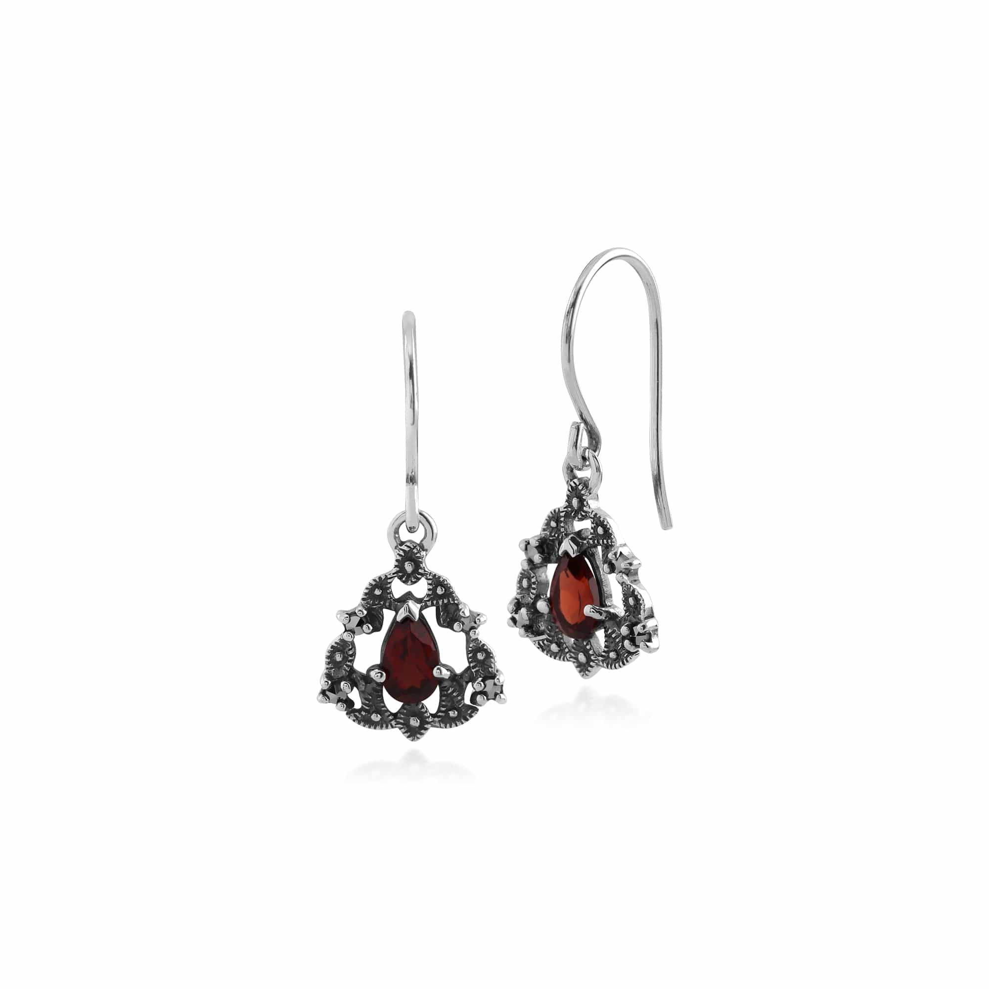 Art Nouveau Style Pear Garnet & Marcasite Garland Drop Earrings in Silver - Gemondo