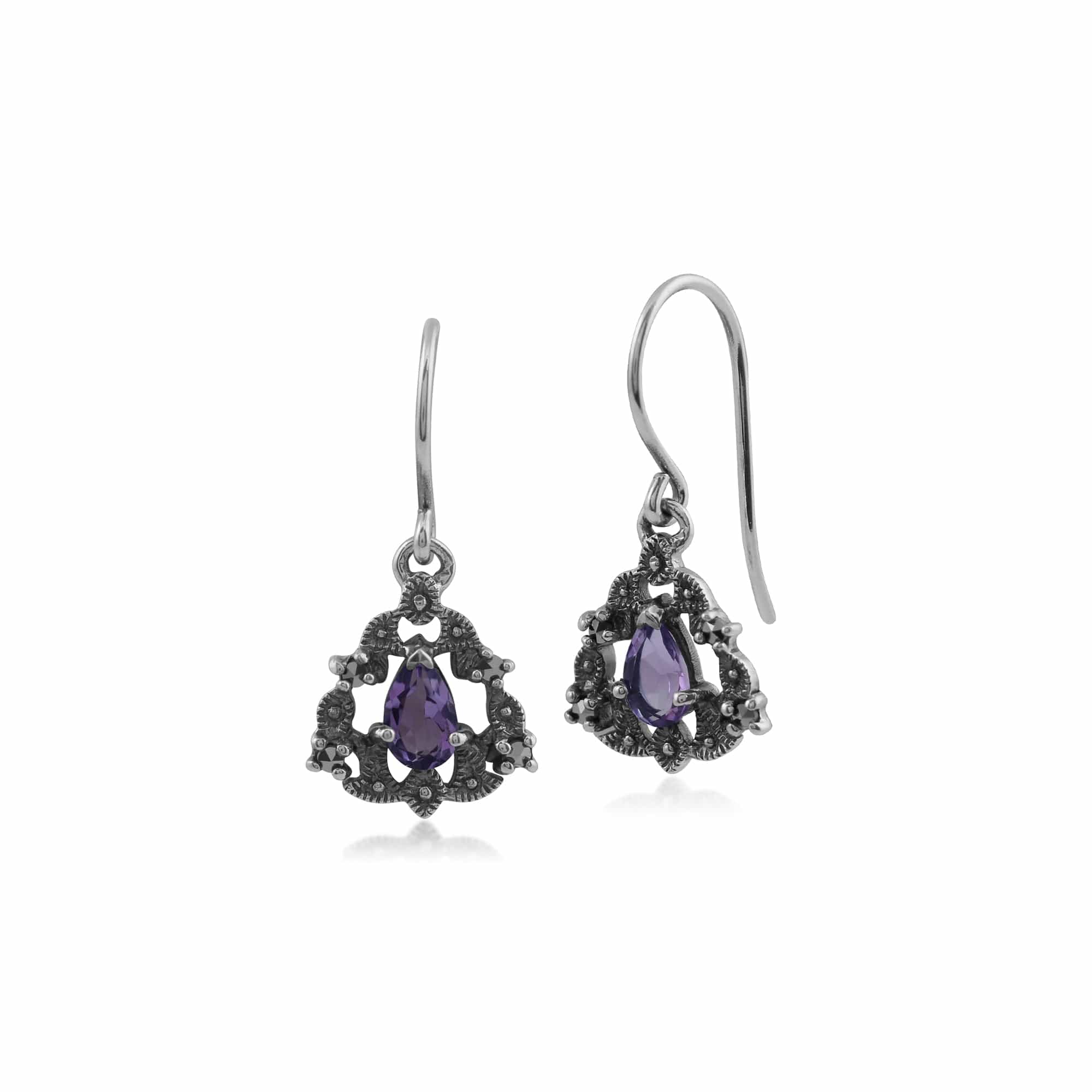 Art Nouveau Style Pear Amethyst & Marcasite Garland Drop Earrings in 925 Sterling Silver - Gemondo