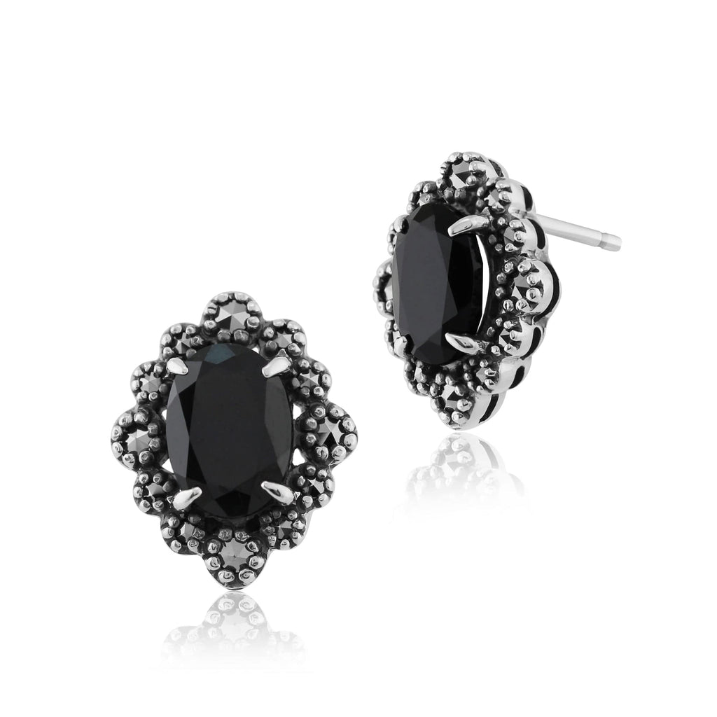 Art Deco Style Oval Spinel & Marcasite Stud Earrings 925 Sterling Silver