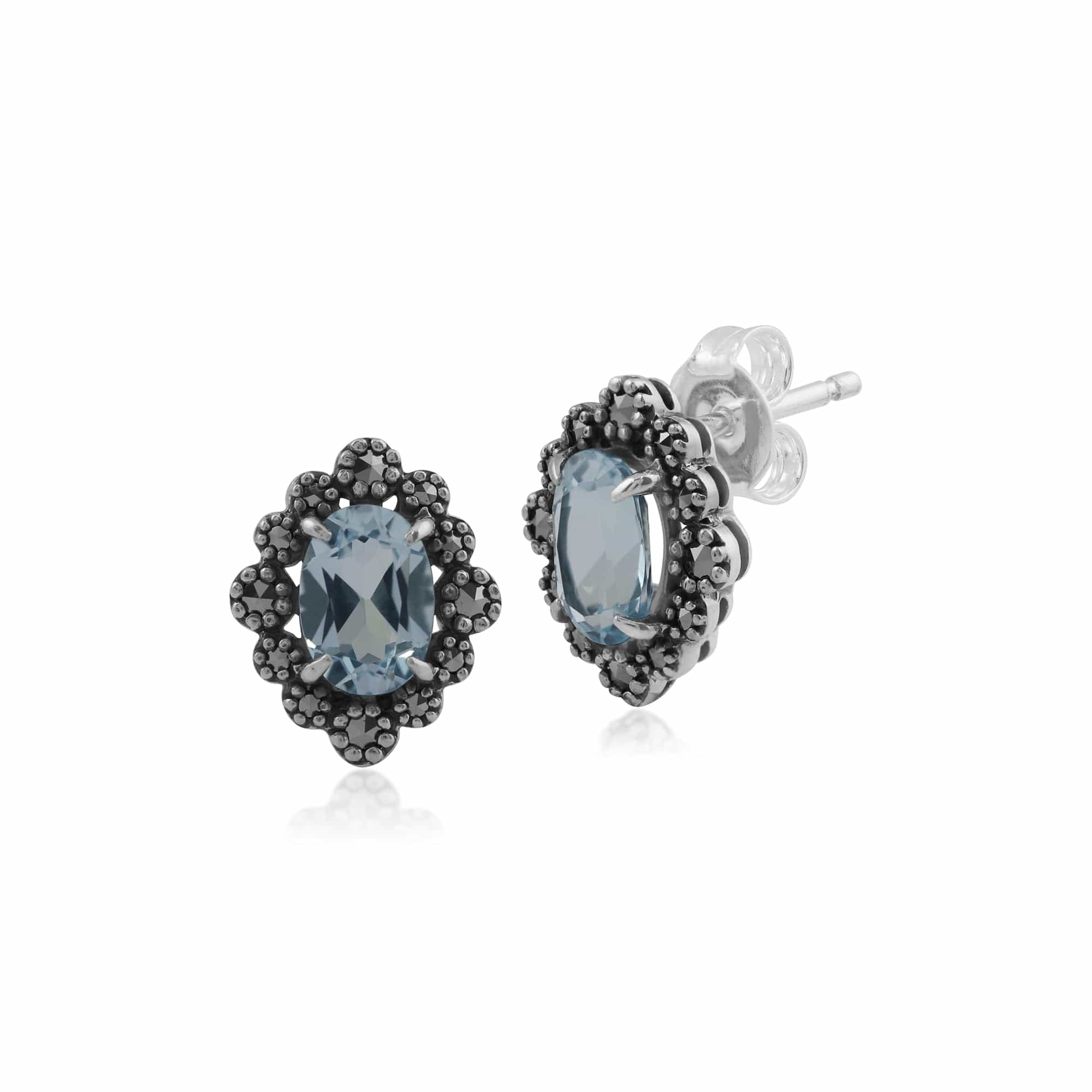 Gemondo Sterling Silver Blue Topaz & Marcasite Art Deco Stud Earrings  Image