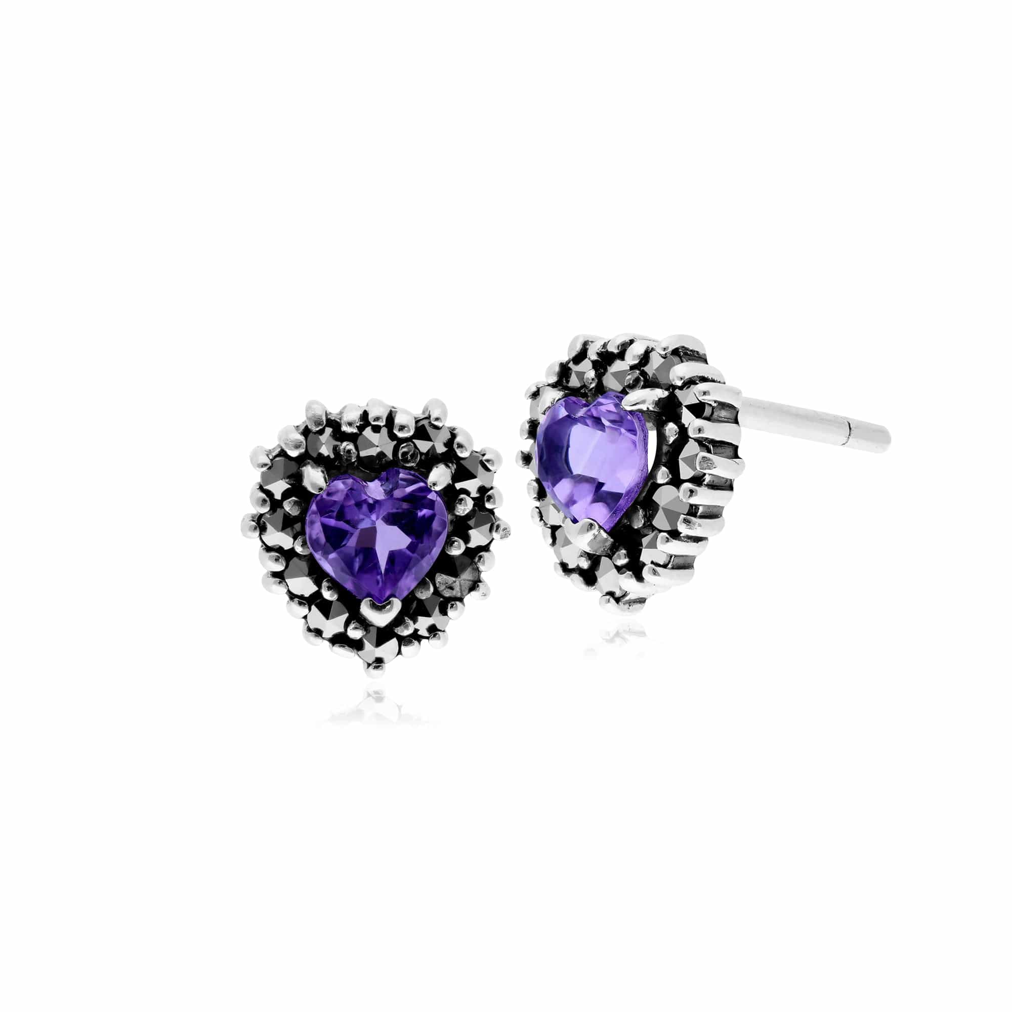 Gemondo Sterling Silver Amethyst & Marcasite Heart Stud Earrings - Gemondo