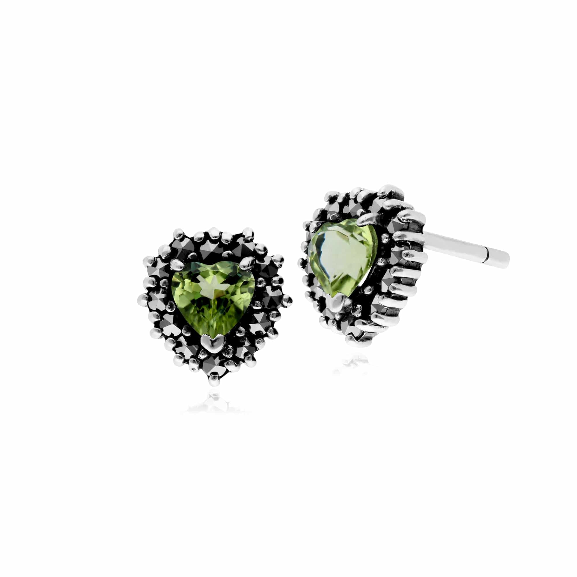 Gemondo Sterling Silver Peridot & Marcasite Heart Stud Earrings - Gemondo