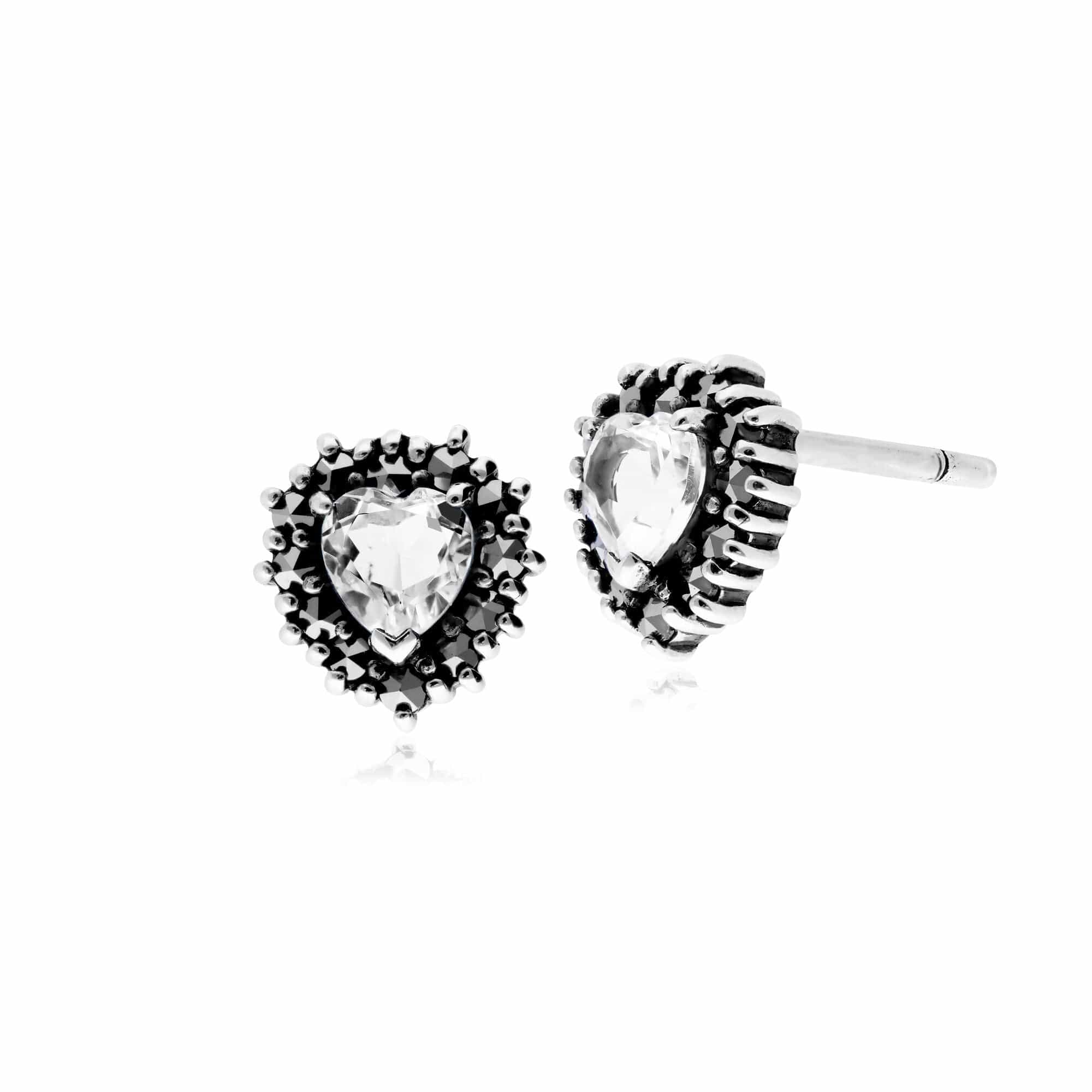 214E725707925 Gemondo Sterling Silver Clear Topaz & Marcasite Heart Stud Earrings 1