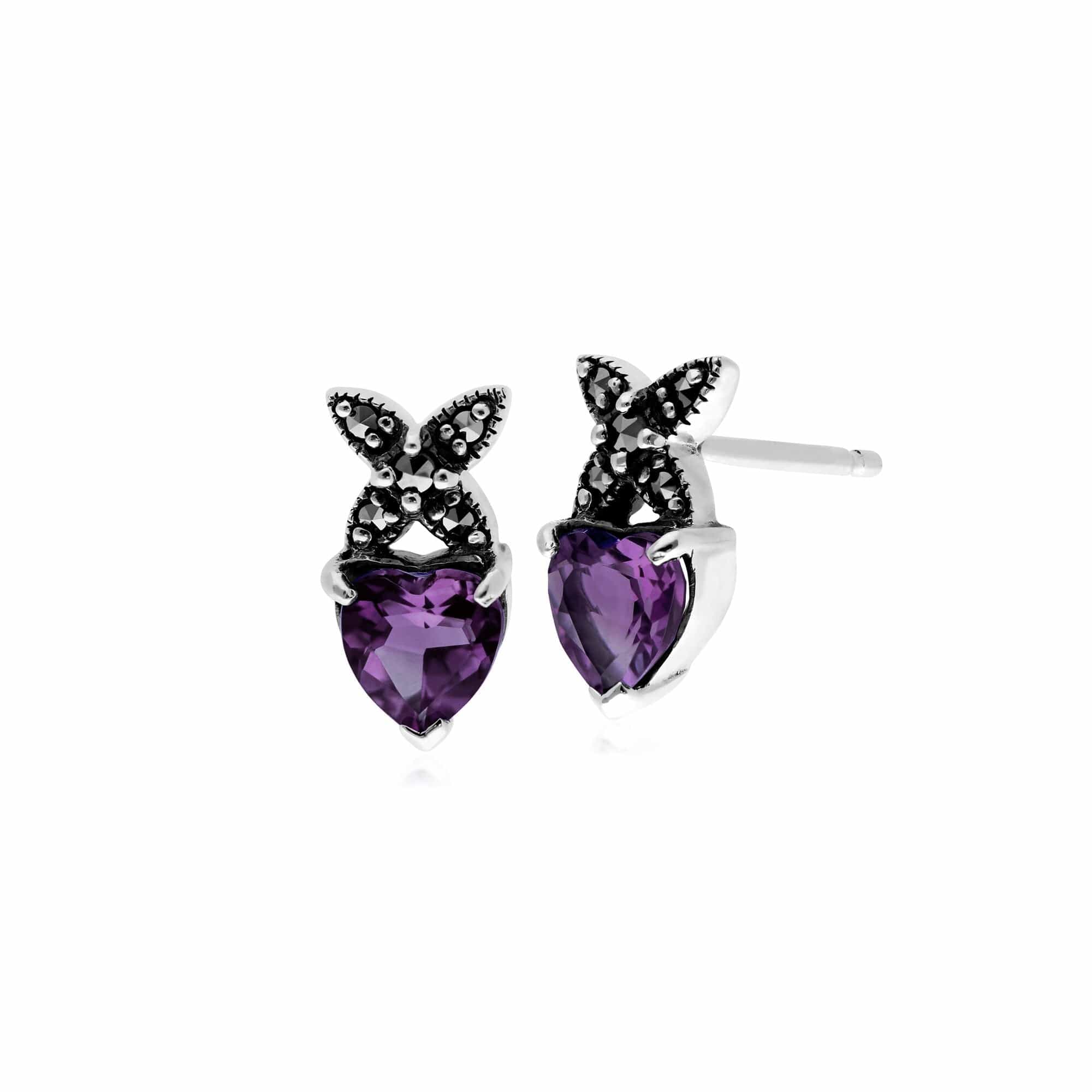 Gemondo Sterling Silver Amethyst & Marcasite February Heart Stud Earrings - Gemondo