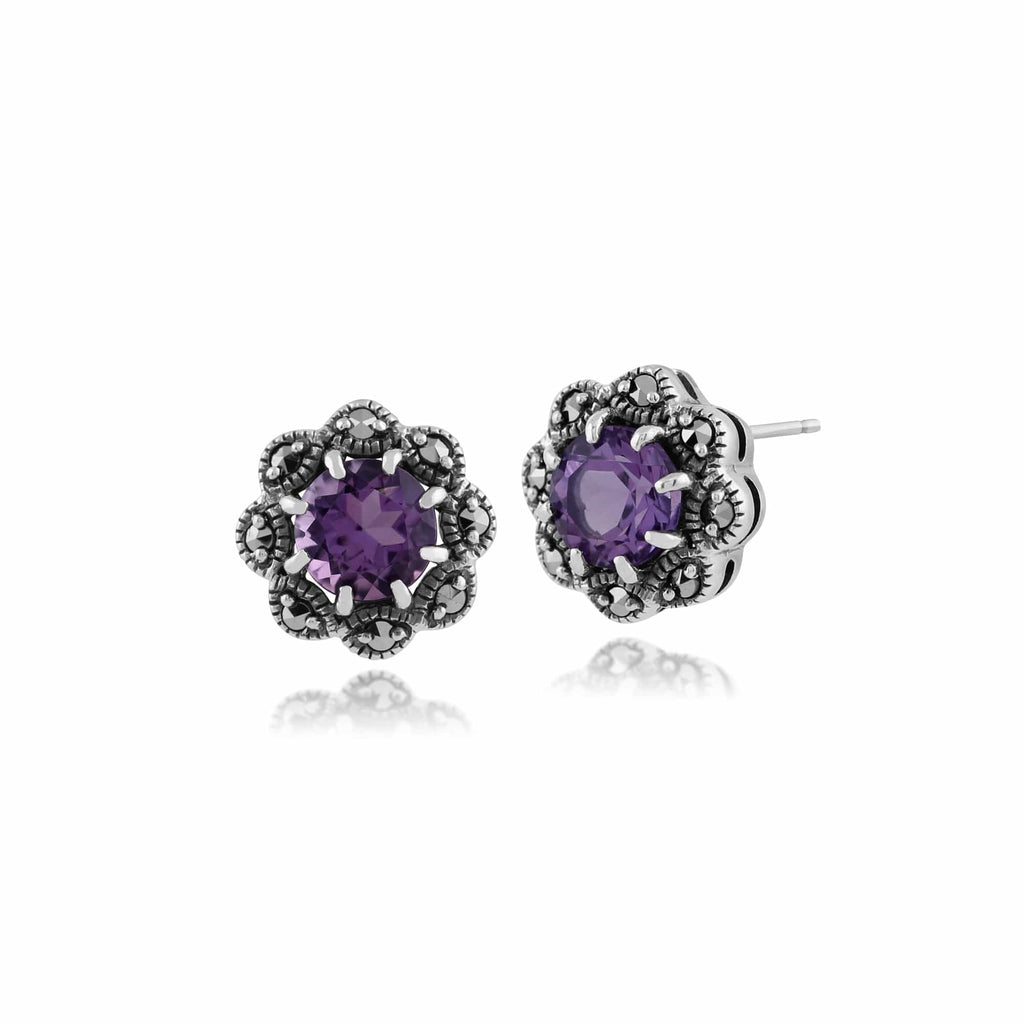 Art Nouveau Style Round Amethyst & Marcasite Stud Earrings 925 Sterling