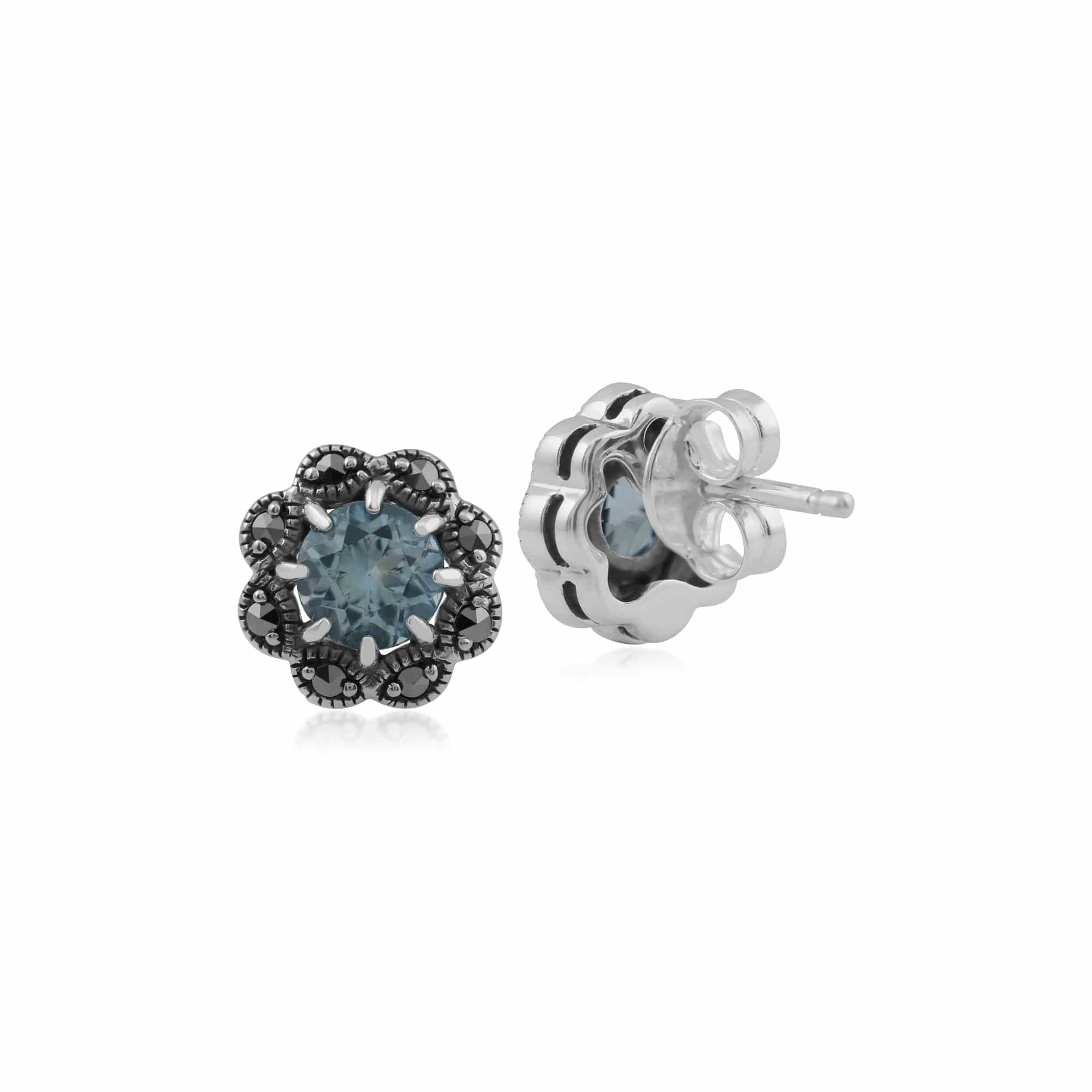 Floral Round Blue Topaz & Marcasite Cluster Stud Earrings in 925 Sterling Silver - Gemondo