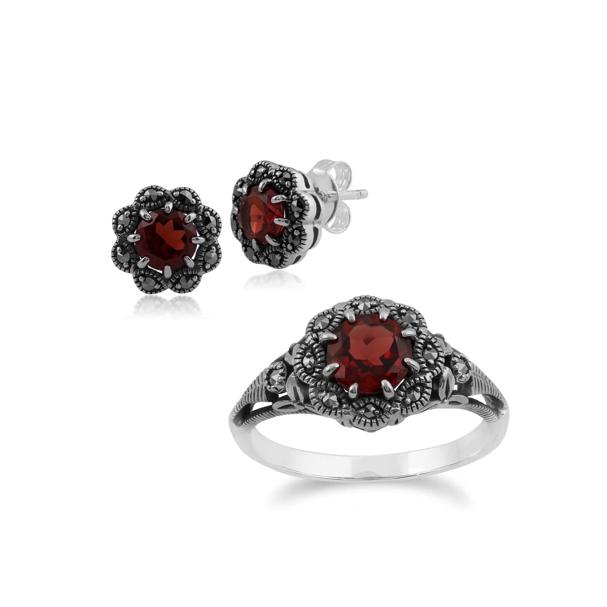 Art Nouveau Style Round Garnet & Marcasite Floral Stud Earrings & Ring Set in 925 Sterling Silver - Gemondo