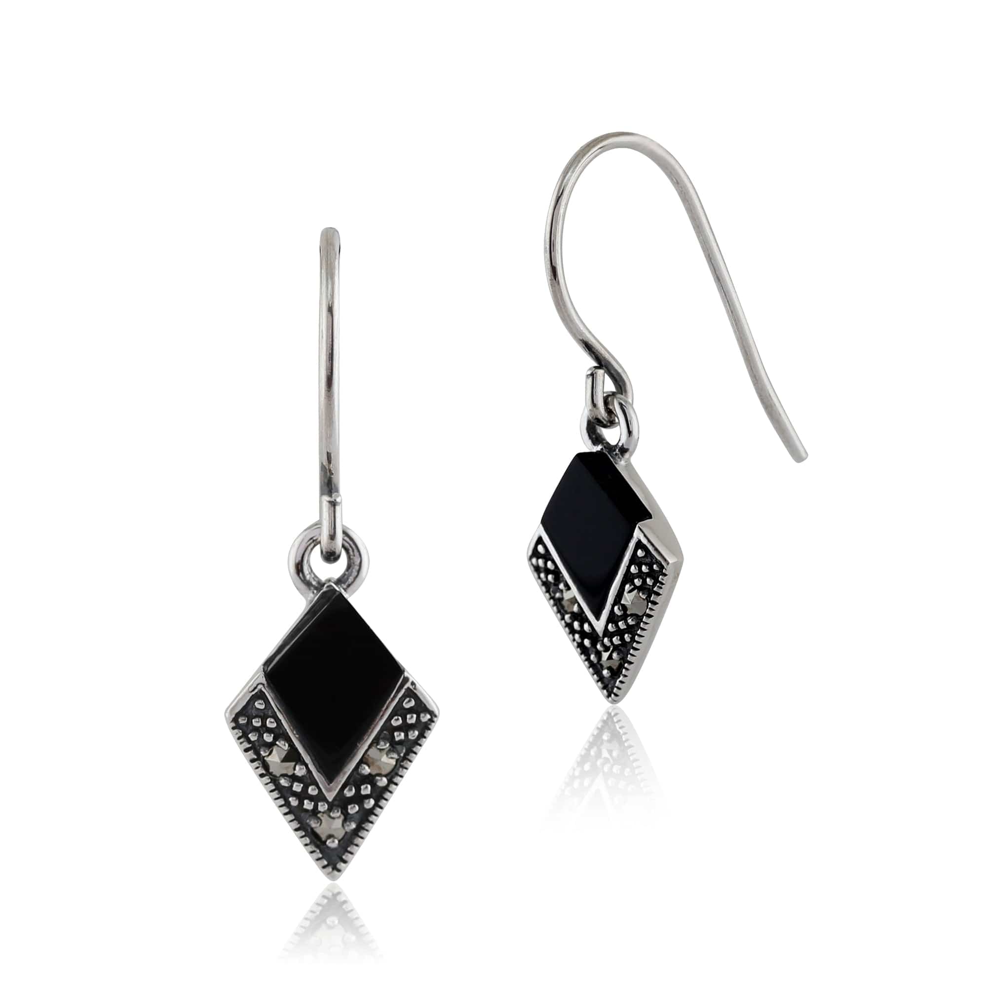 Art Deco Style Black Onyx & Marcasite Drop Earrings in 925 Sterling Silver