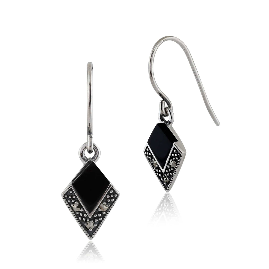 Art Deco Style Onyx & Marcasite Drop Earrings 925 Sterling Silver
