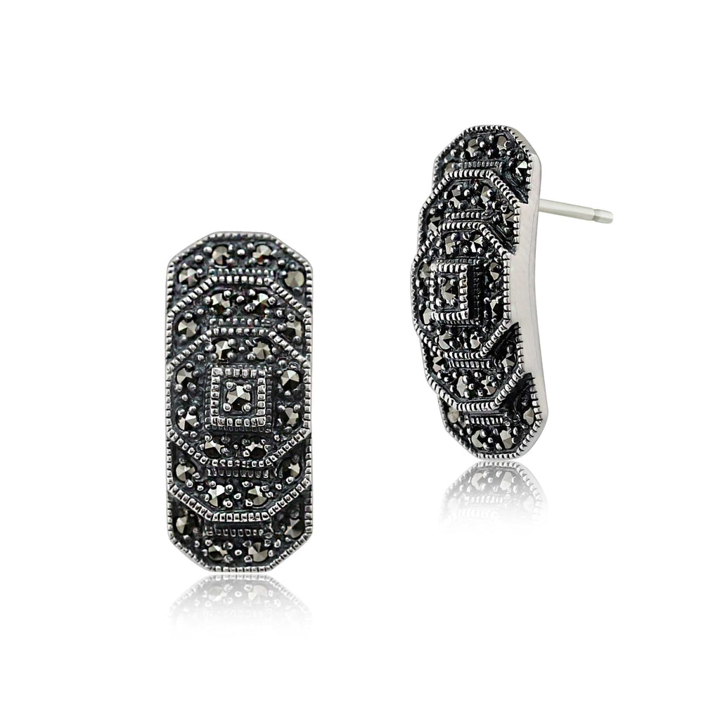 Art Deco Style Round Marcasite Stepped Stud Earrings 925 Sterling