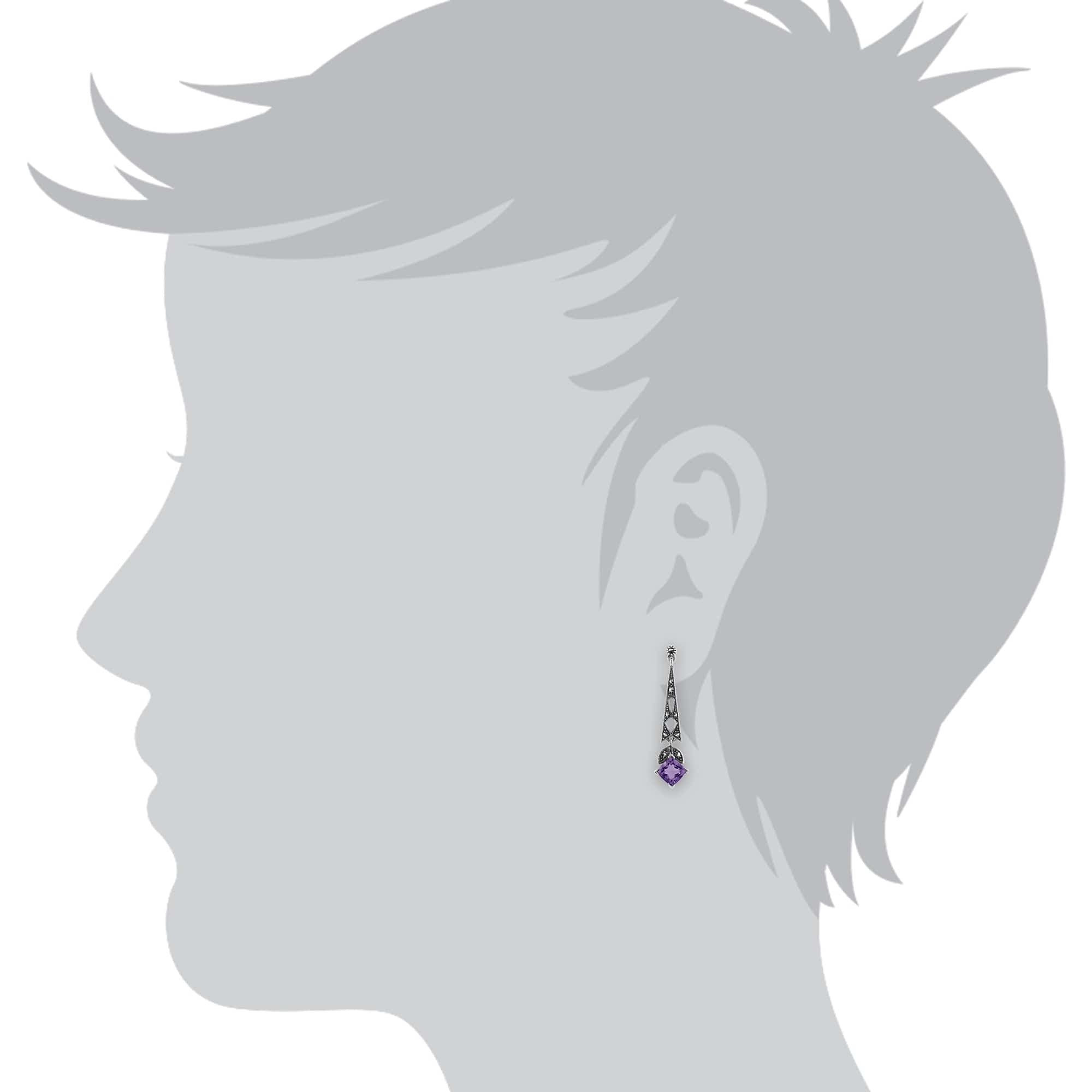 Art Deco Style Cushion Amethyst & Marcasite Drop Earrings in 925 Sterling Silver - Gemondo
