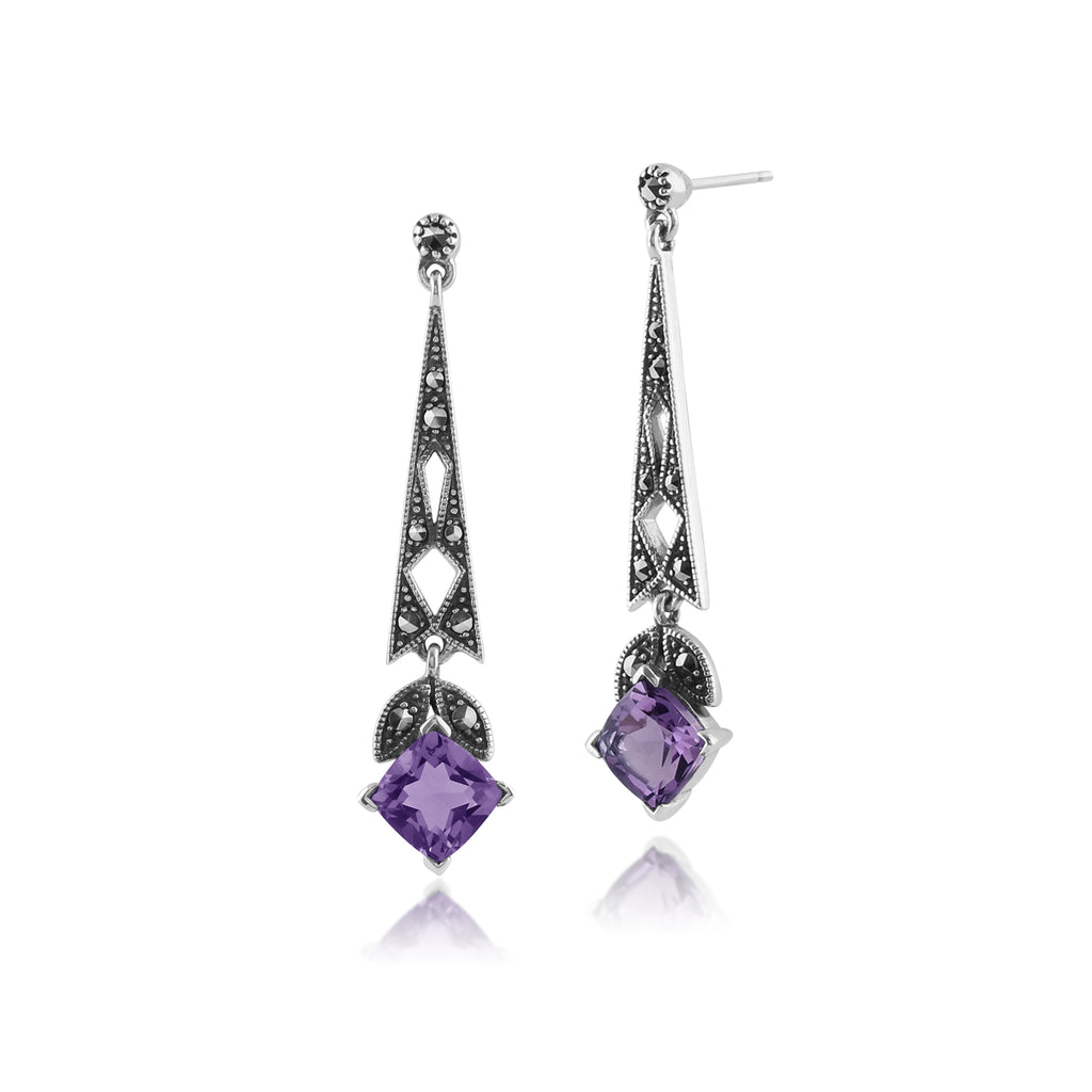 Art Deco Style Cushion Amethyst & Marcasite Drop Earrings 925 Sterling