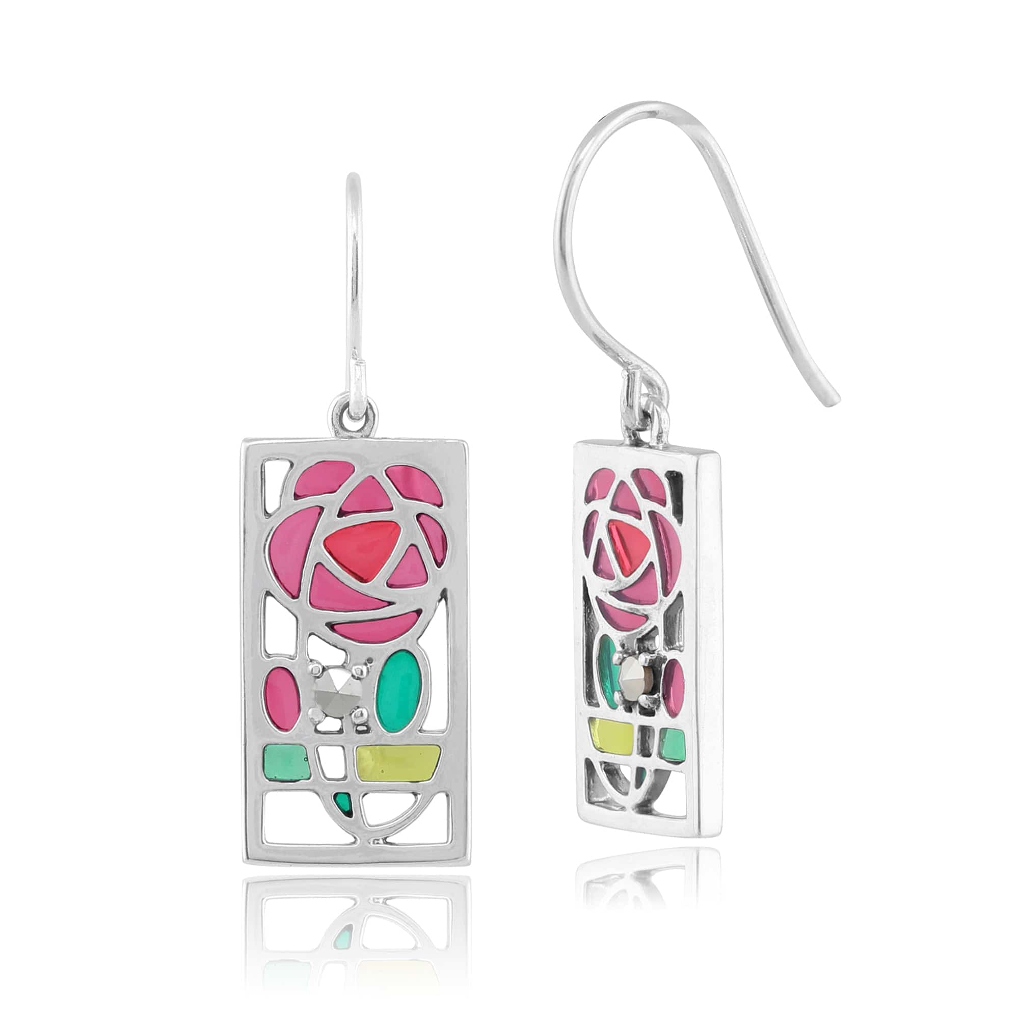 Rennie Mackintosh Round Marcasite & Enamel Rose Drop Earrings in 925 Sterling Silver - Gemondo