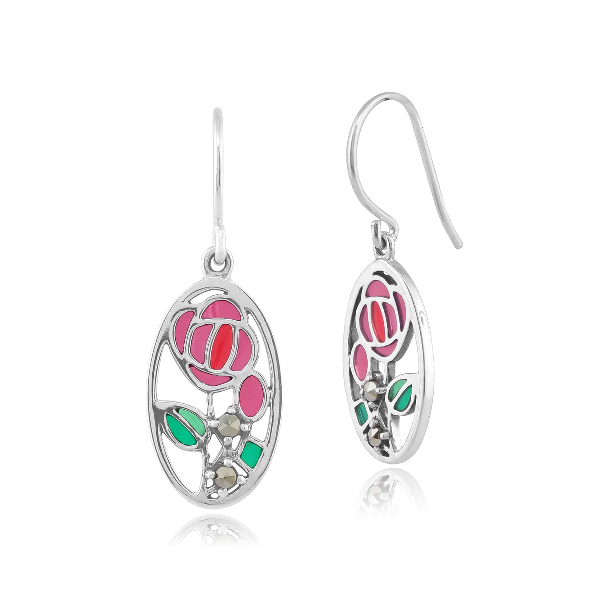 Rennie Mackintosh Round Marcasite & Enamel Oval Drop Earrings in 925 Sterling Silver - Gemondo