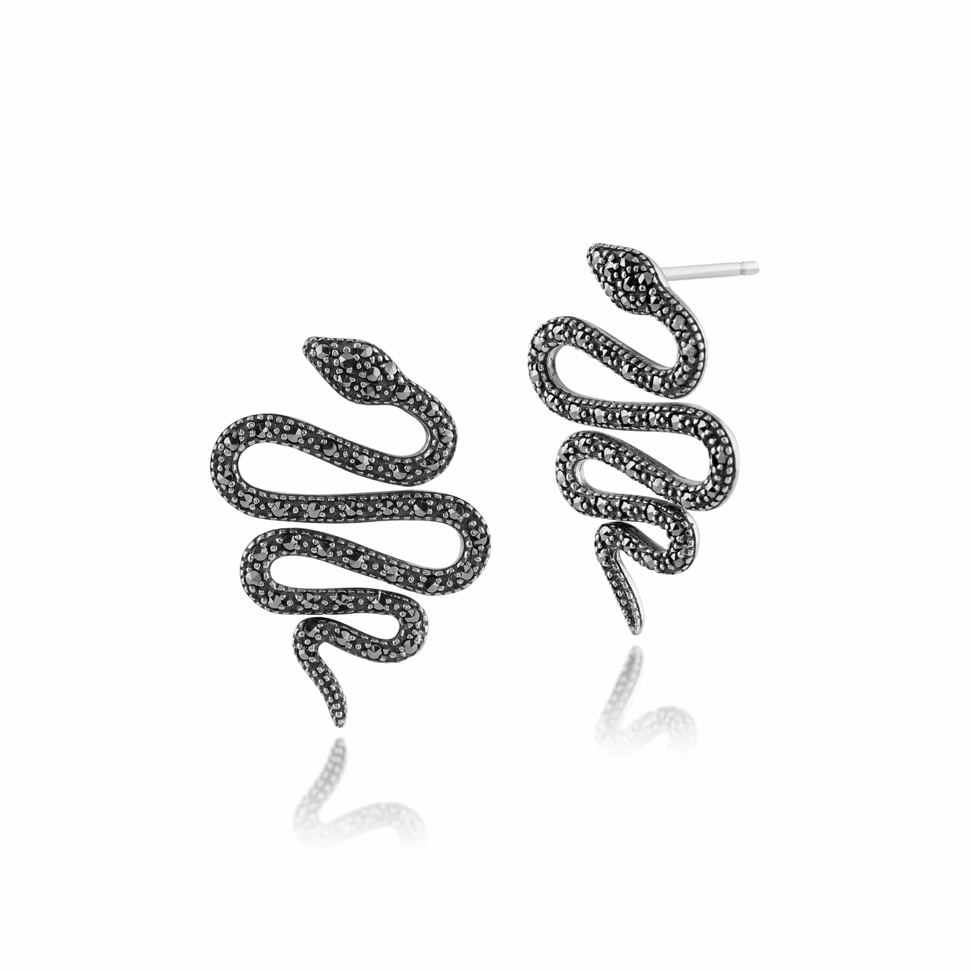 Art Nouveau Style Round Marcasite Snake Drop Earrings in 925 Sterling Silver - Gemondo