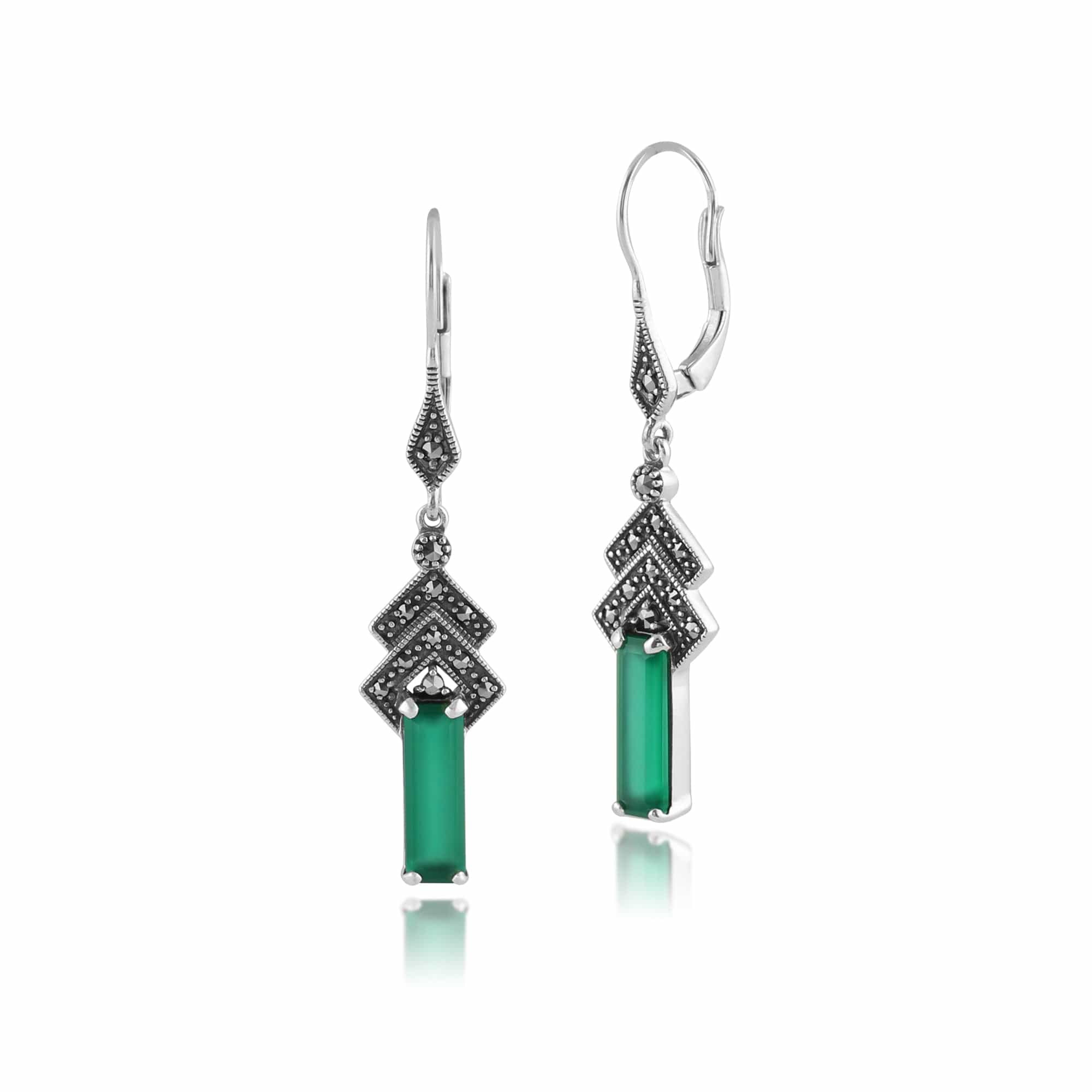 Art Deco Style Rectangle Green Chalcedony & Marcasite Drop Earrings in 925 Sterling Silver