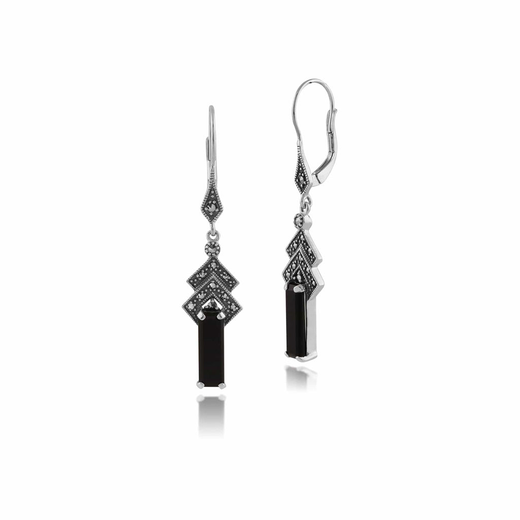 Art Deco Style Rectangle Onyx & Marcasite Drop Earrings Silver