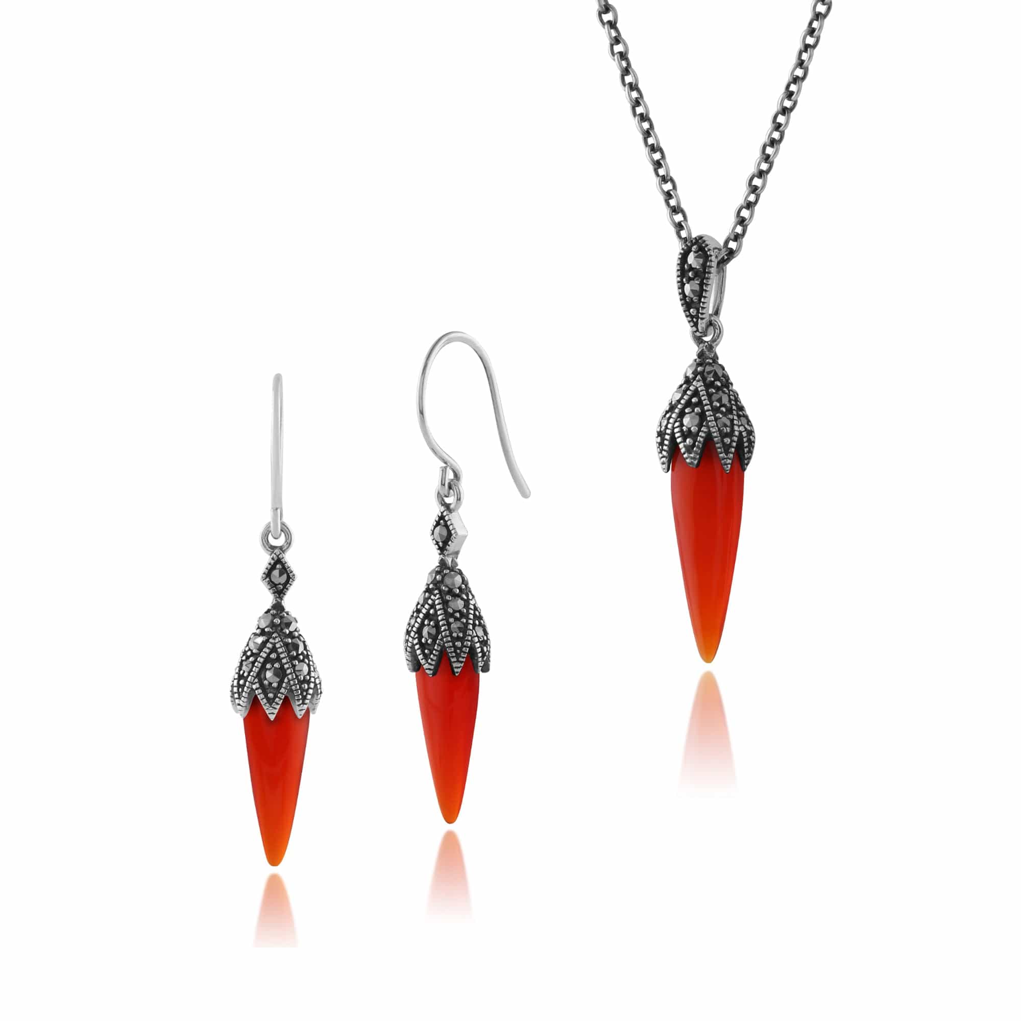 214E822901925-214N658401925 Art Deco Style Style Red Carnelian Cabochon & Marcasite Pointed Drop Earrings & Pendant Set in 925 Sterling Silver 1