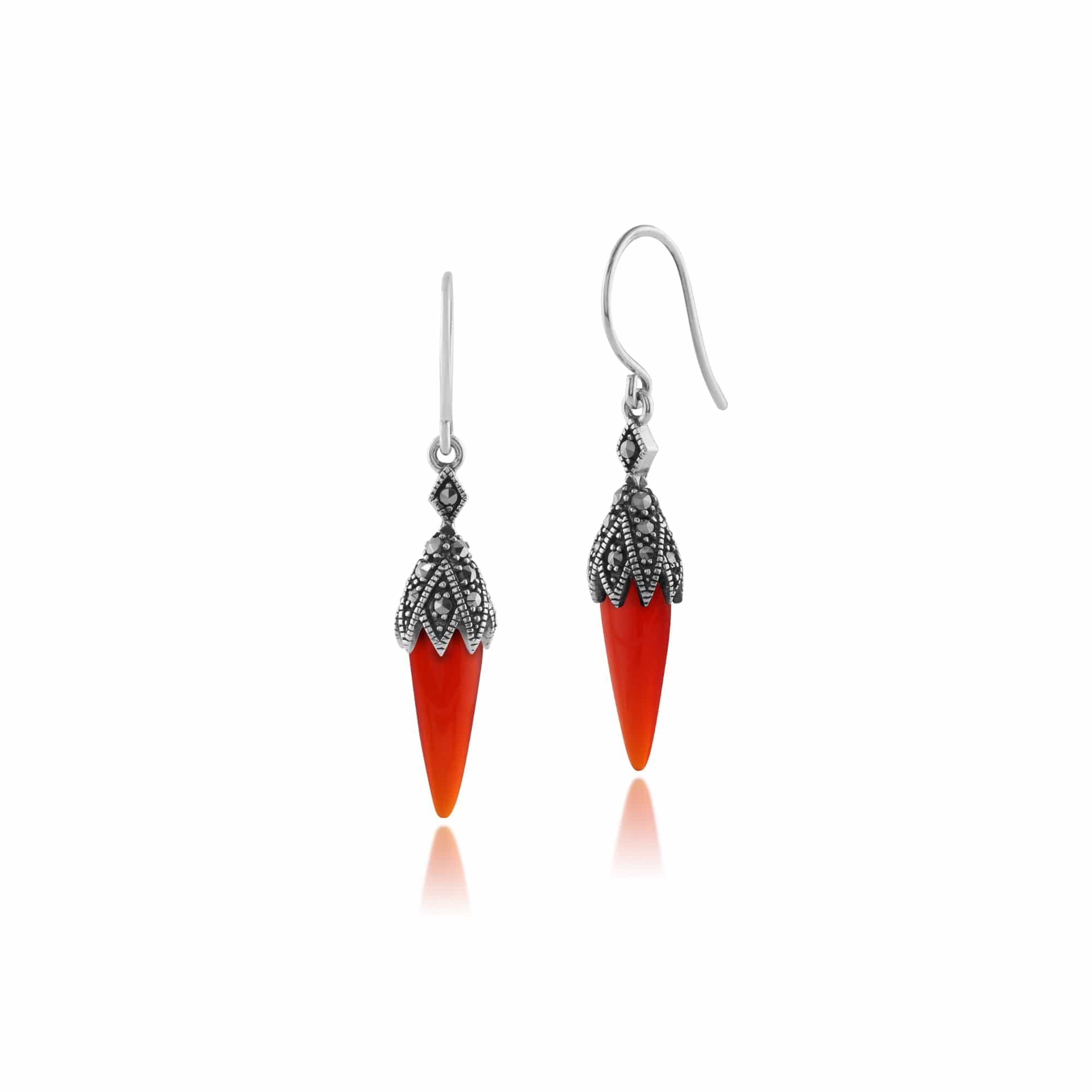 Art Deco Style Pear Carnelian & Marcasite Drop Earrings in 925 Sterling Silver - Gemondo