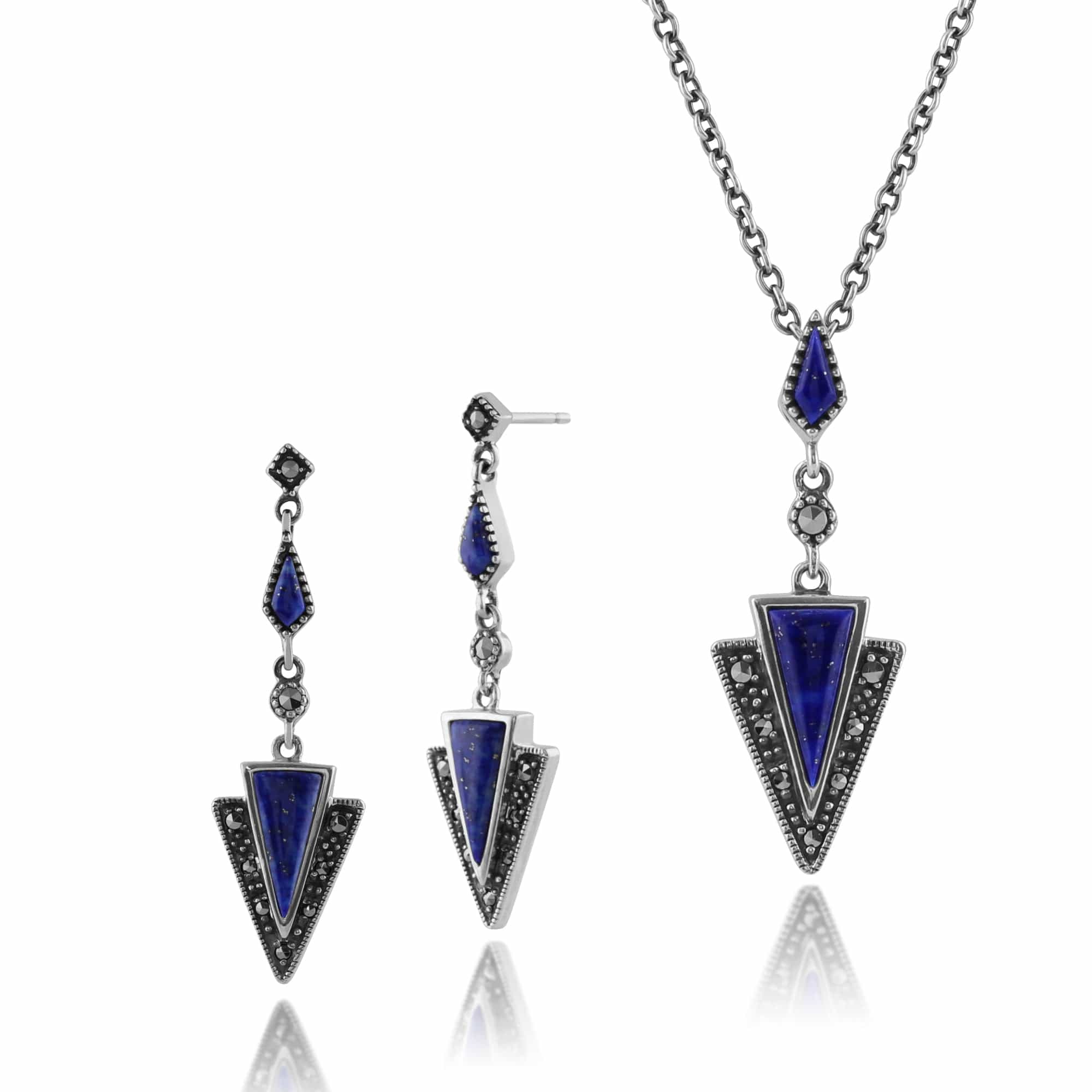 214E823002925-214N658303925 Art Deco Style Style Triangle Lapis Lazuli & Marcasite Drop Earrings & Necklace Set in 925 Sterling Silver 1