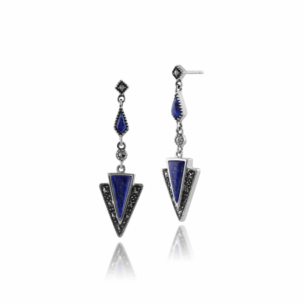 Art Deco Style Triangle Lapis Lazuli & Marcasite Drop Earrings 925 Sterling