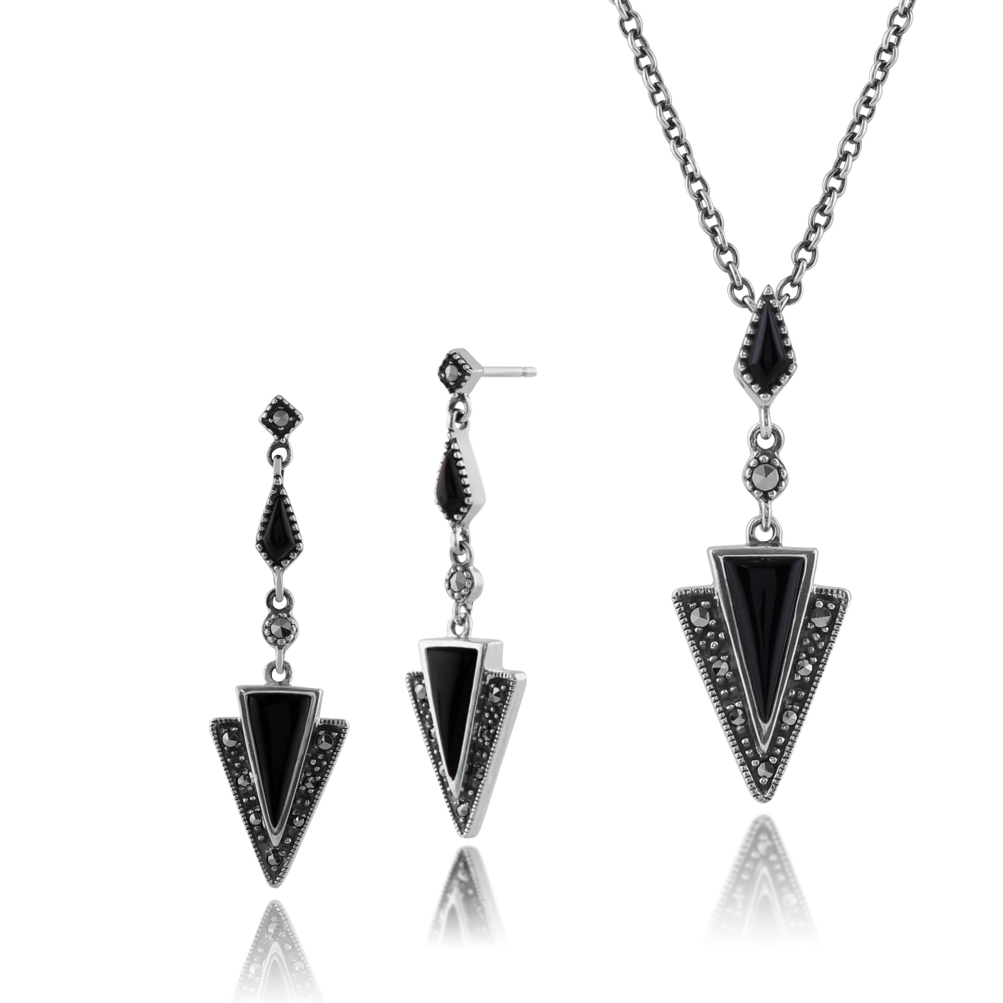 Art Deco Black Onyx & Marcasite Triangle Drop Earrings & Pendant Set Image 1