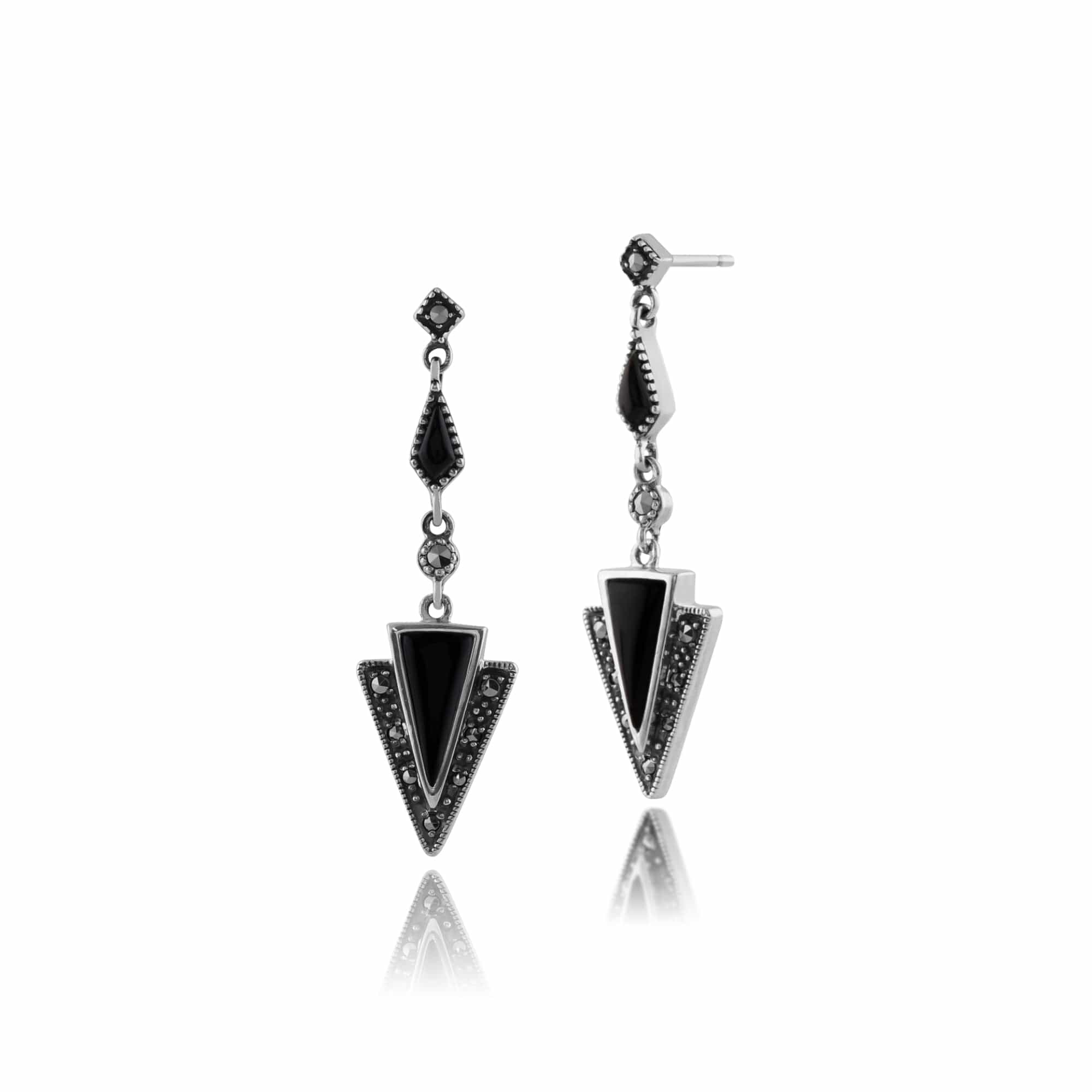 Art Deco Black Onyx & Marcasite Triangle Drop Earrings & Pendant Set Image 2