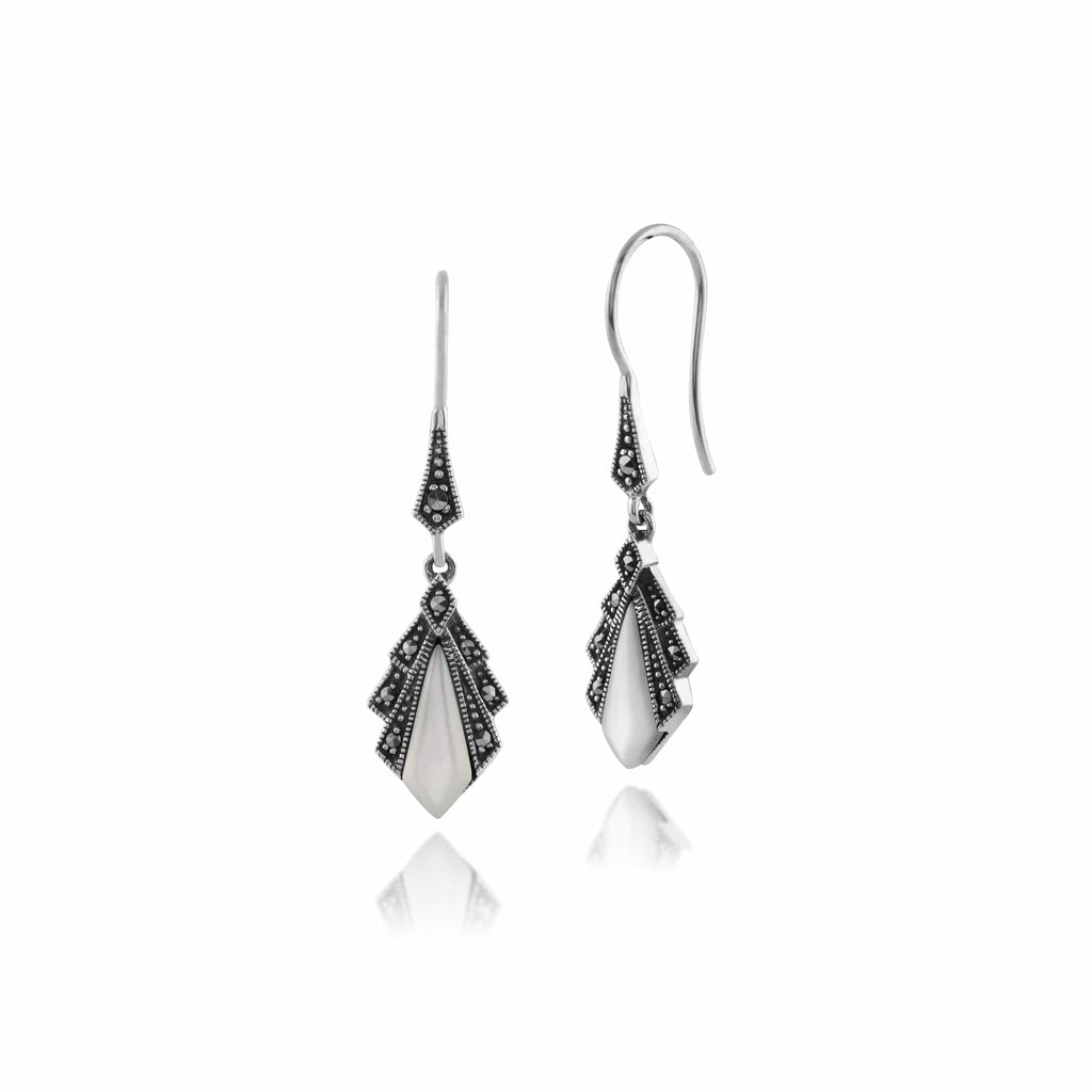 Art Deco Style Diamond Mother Pearl & Marcasite Drop Earrings 925 Sterling