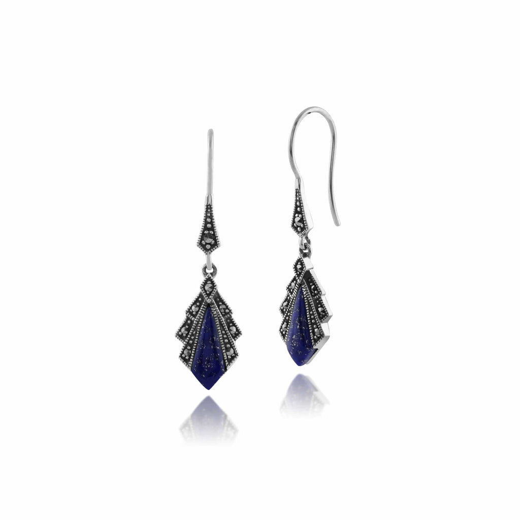 Art Deco Style Diamond Lapis Lazuli & Marcasite Drop Earrings 925 Sterling
