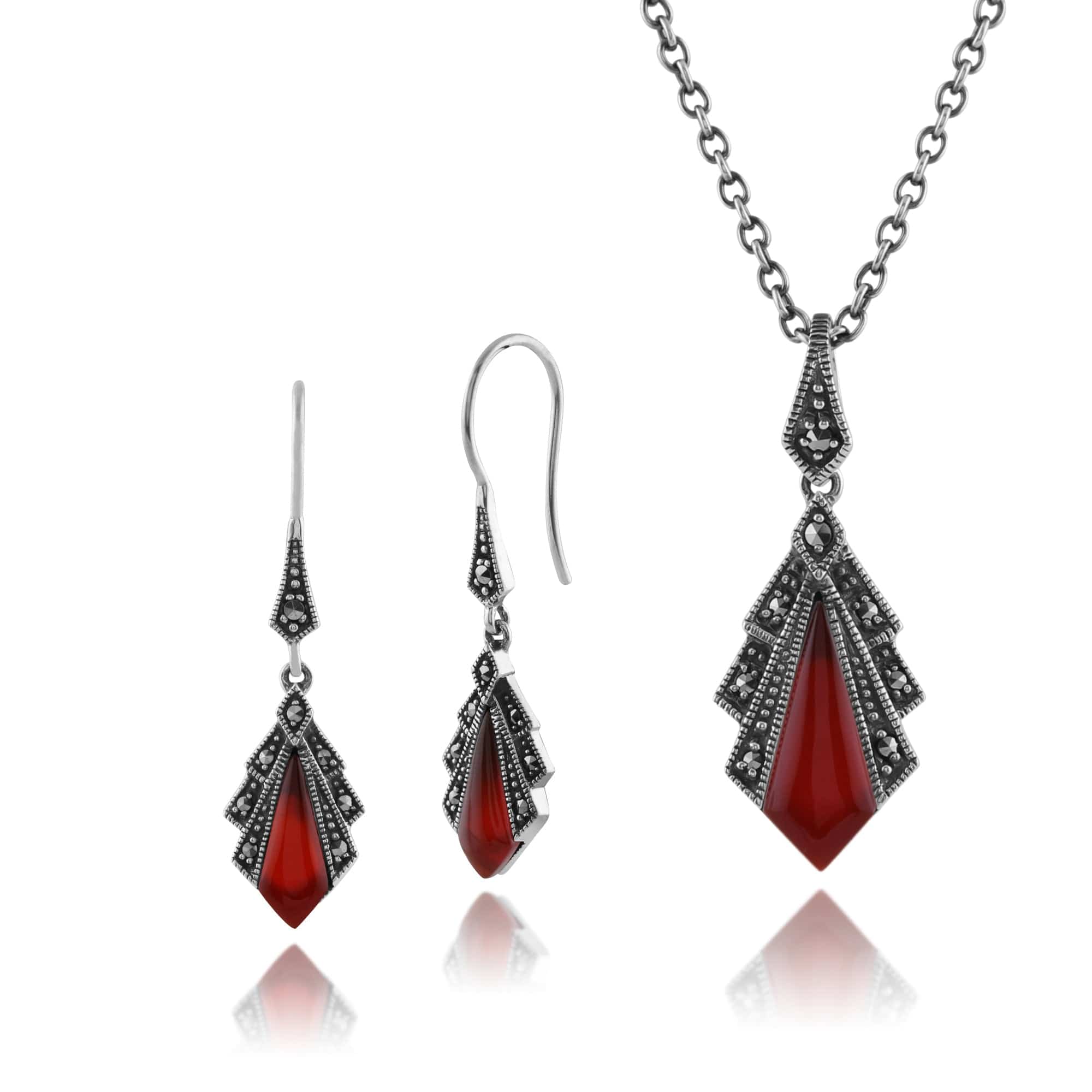 214E823203925-214N658203925 Art Deco Style Style Carnelian & Round Marcasite Fan Drop Earrings & Pendant Set in 925 Sterling Silver 1