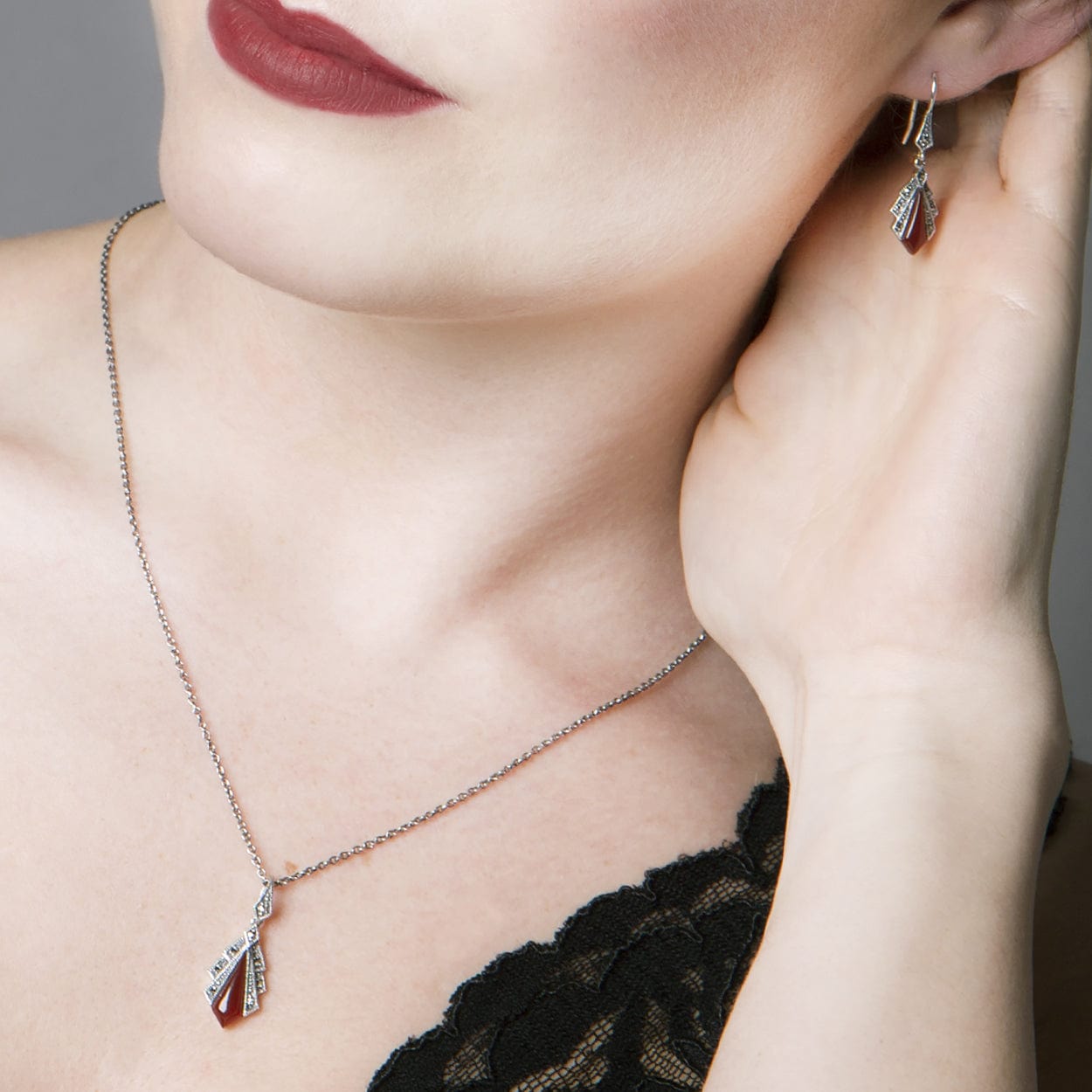 Art Deco Carnelian & Marcasite Fan Drop Earrings & Pendant Set Image 3