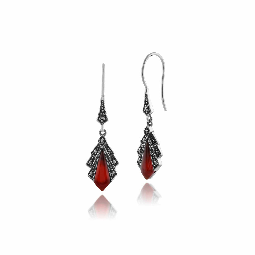 Art Deco Style Diamond Carnelian & Marcasite Drop Earrings Sterling