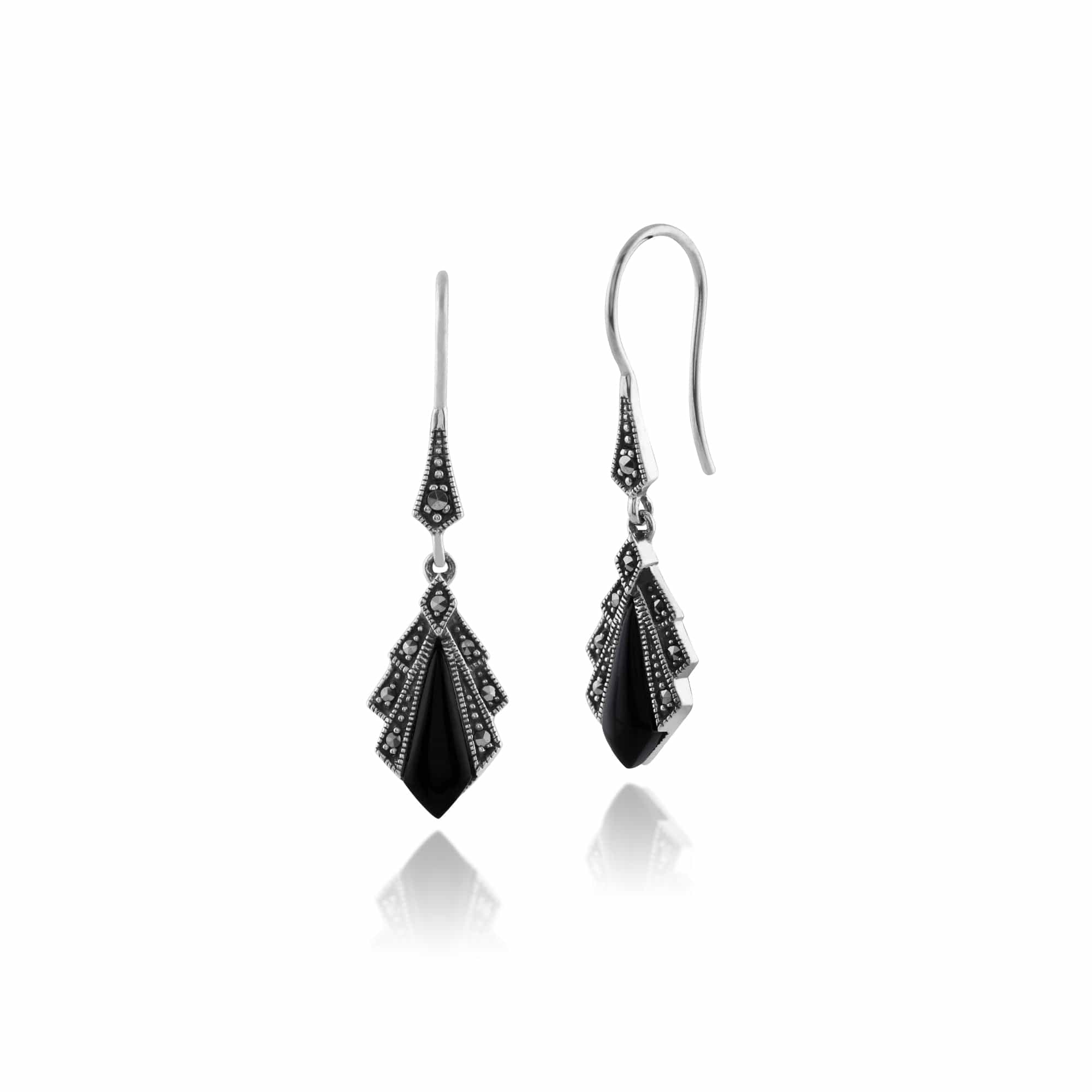 Art Deco Style Diamond Black Onyx & Marcasite Drop Earrings in 925 Sterling Silver - Gemondo