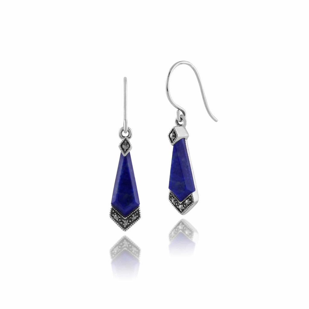 Art Deco Style Diamond Lapis Lazuli Cabochon & Marcasite Drop Earrings 925 Sterling