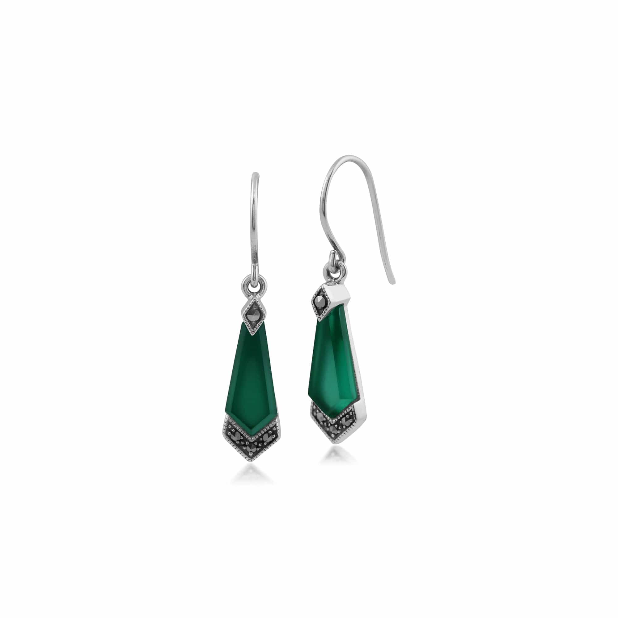 Art Deco Style Green Chalcedony & Marcasite Kite Drop Earrings in 925 Sterling Silver - Gemondo