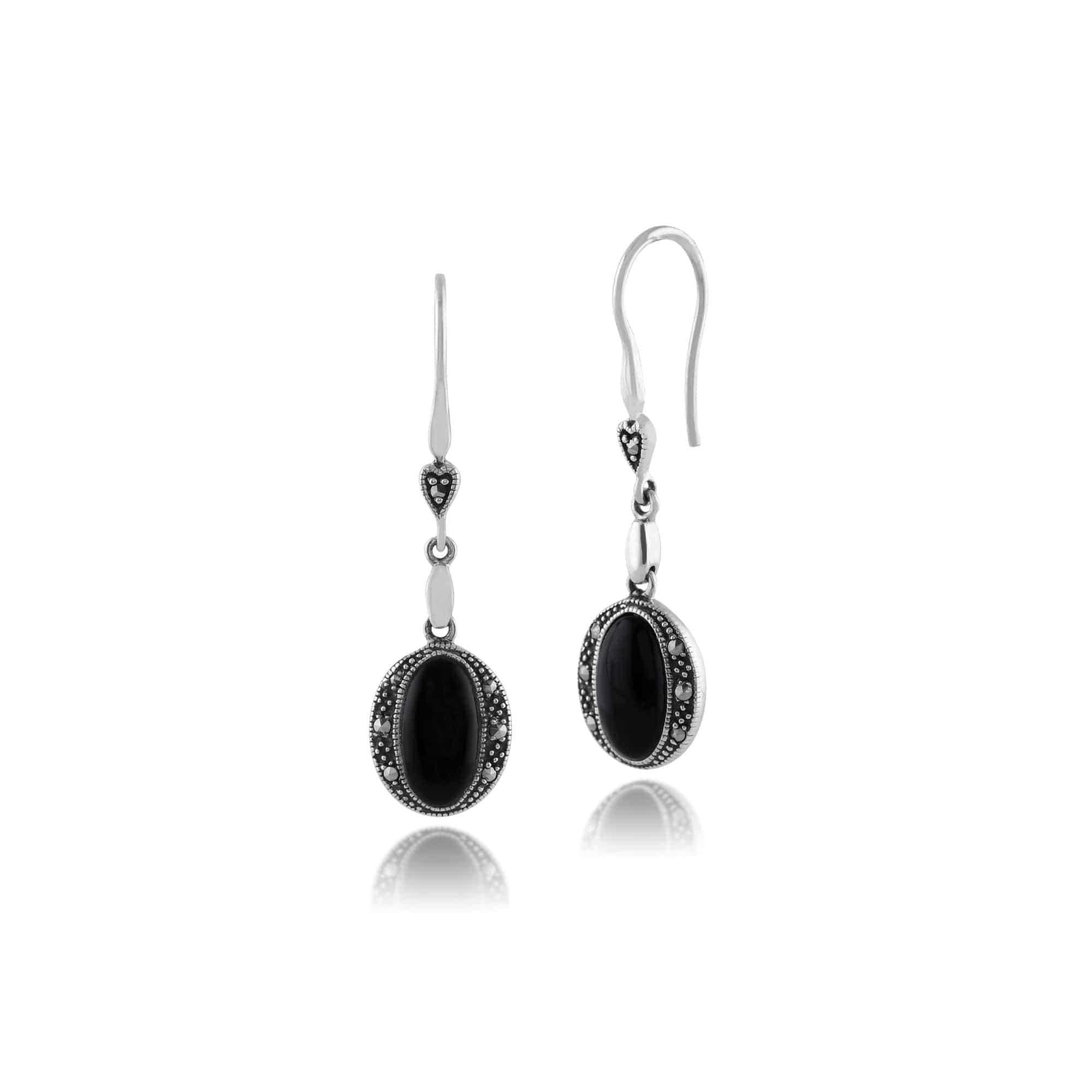 Art Deco Style Oval Black Onyx & Marcasite Drop Earrings in 925 Sterling Silver - Gemondo