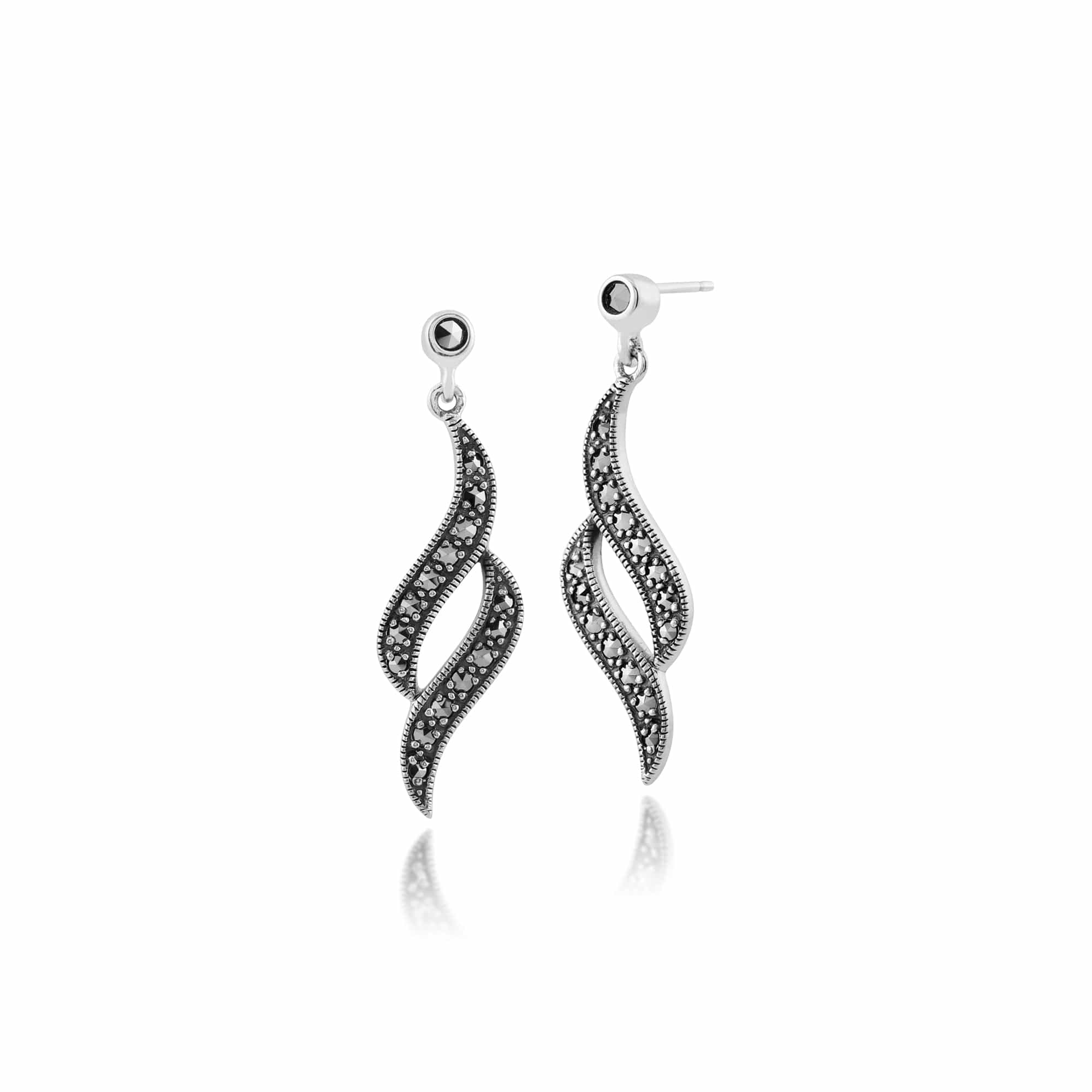 Art Nouveau Style Round Marcasite Swirl Drop Earrings in 925 Sterling Silver - Gemondo