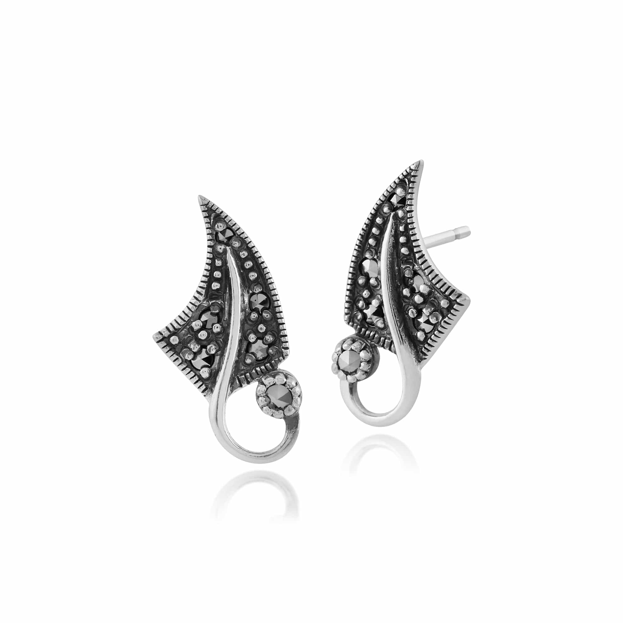 Art Nouveau Style Round Marcasite Leaf Stud Earrings in 925 Sterling Silver - Gemondo