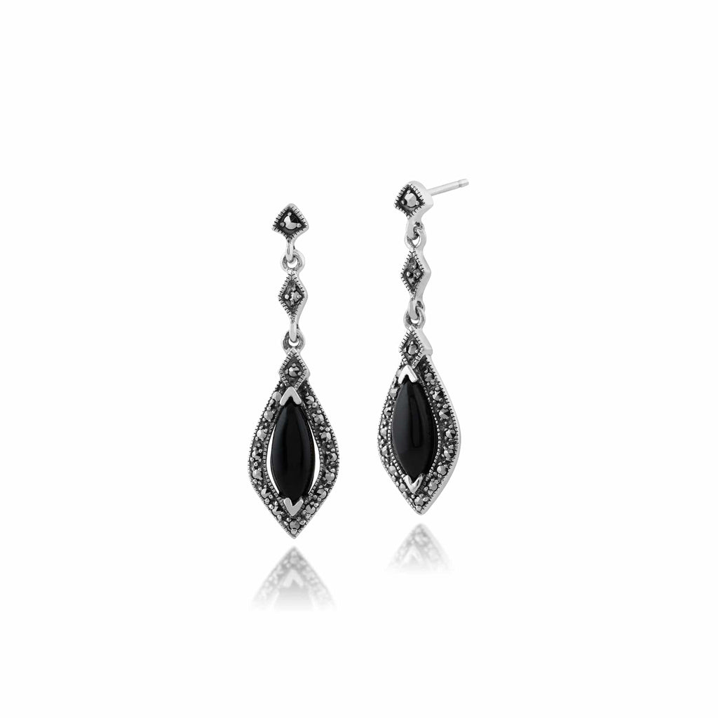 Art Deco Marquise Onyx & Marcasite Halo Drop Earrings 925 Sterling Silver