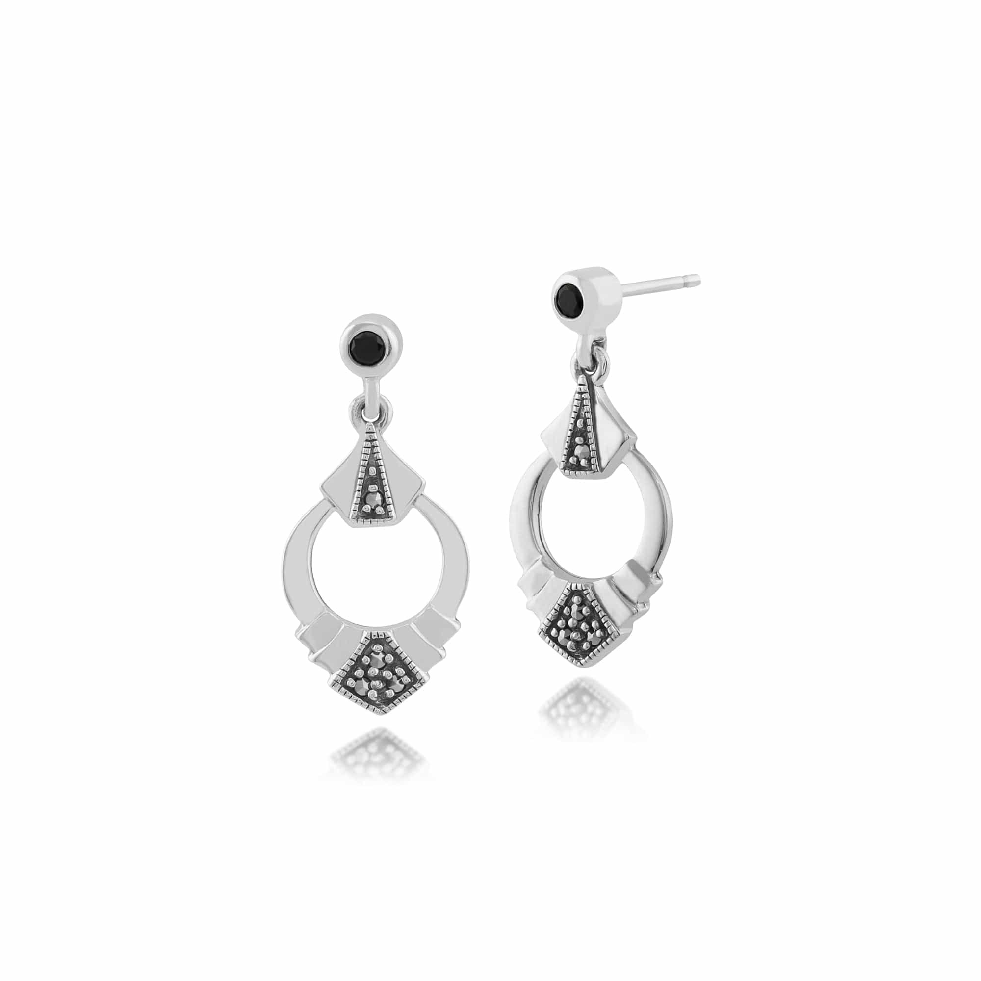 Art Deco Style Black Spinel & Marcasite Ring Drop Earrings in 925 Sterling Silver - Gemondo