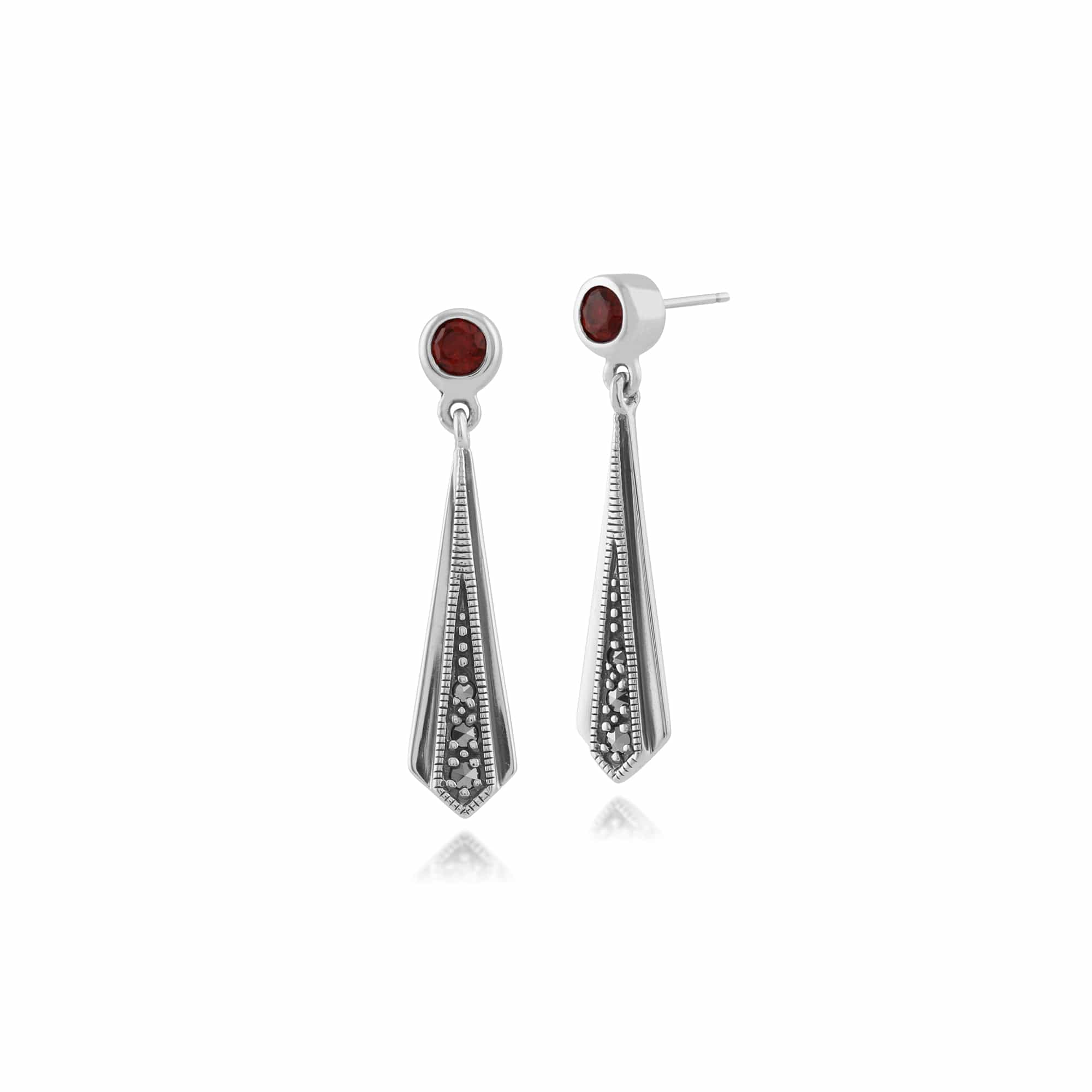 Art Deco Style Round Garnet & Marcasite Kite Drop Earrings in 925 Sterling Silver - Gemondo