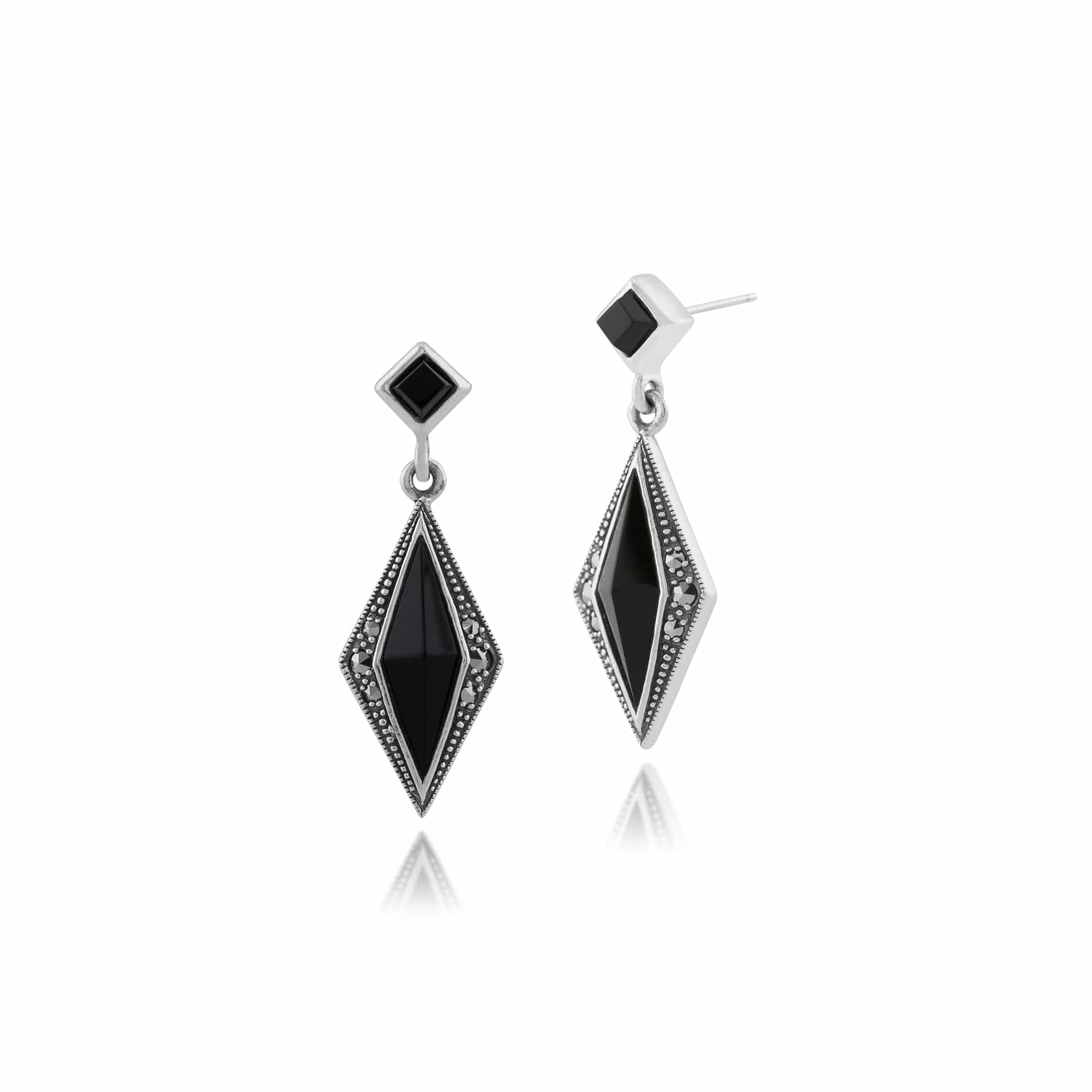 Gemondo 925 Sterling Silver 1.1ct Black Onyx & Marcasite Art Deco Drop Earrings Image