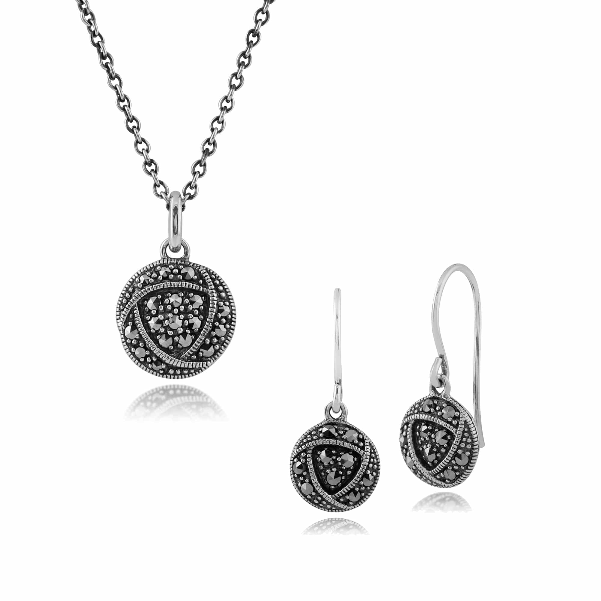214E840901925-214P295501925 Rennie Mackintosh Inspired Round Marcasite Glasgow Rose Drop Earrings & Pendant Set in 925 Sterling Silver 1