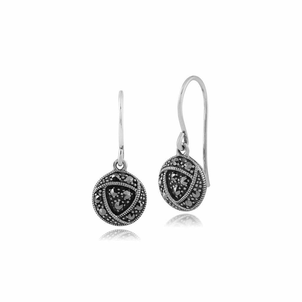 Rennie Mackintosh Round Marcasite Drop Earrings 925 Sterling Silver